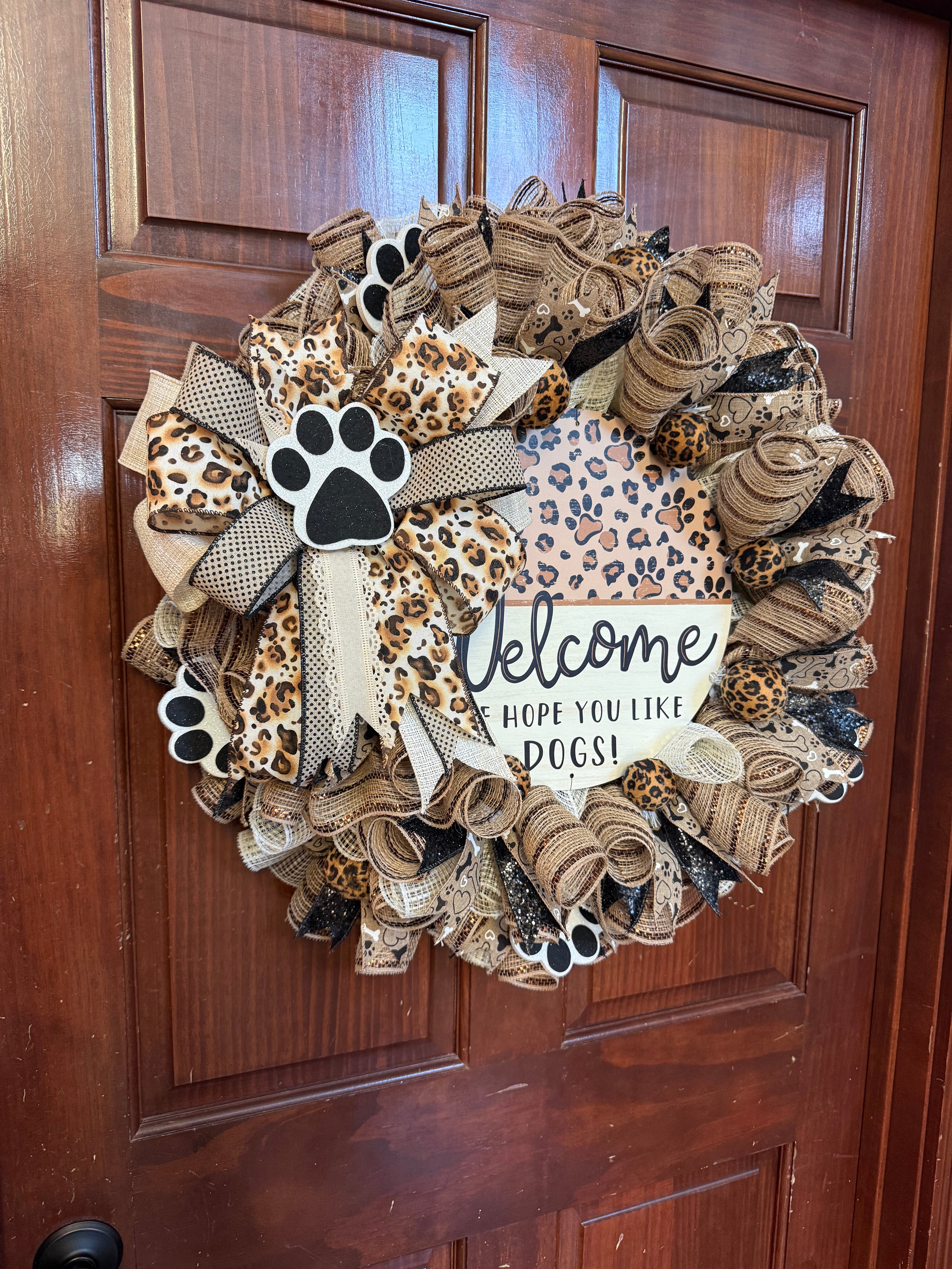 Dog Lover Wreath, Neutral Burlap Leopard Paw Print Welcome Sign, Farmhouse Pet Decor