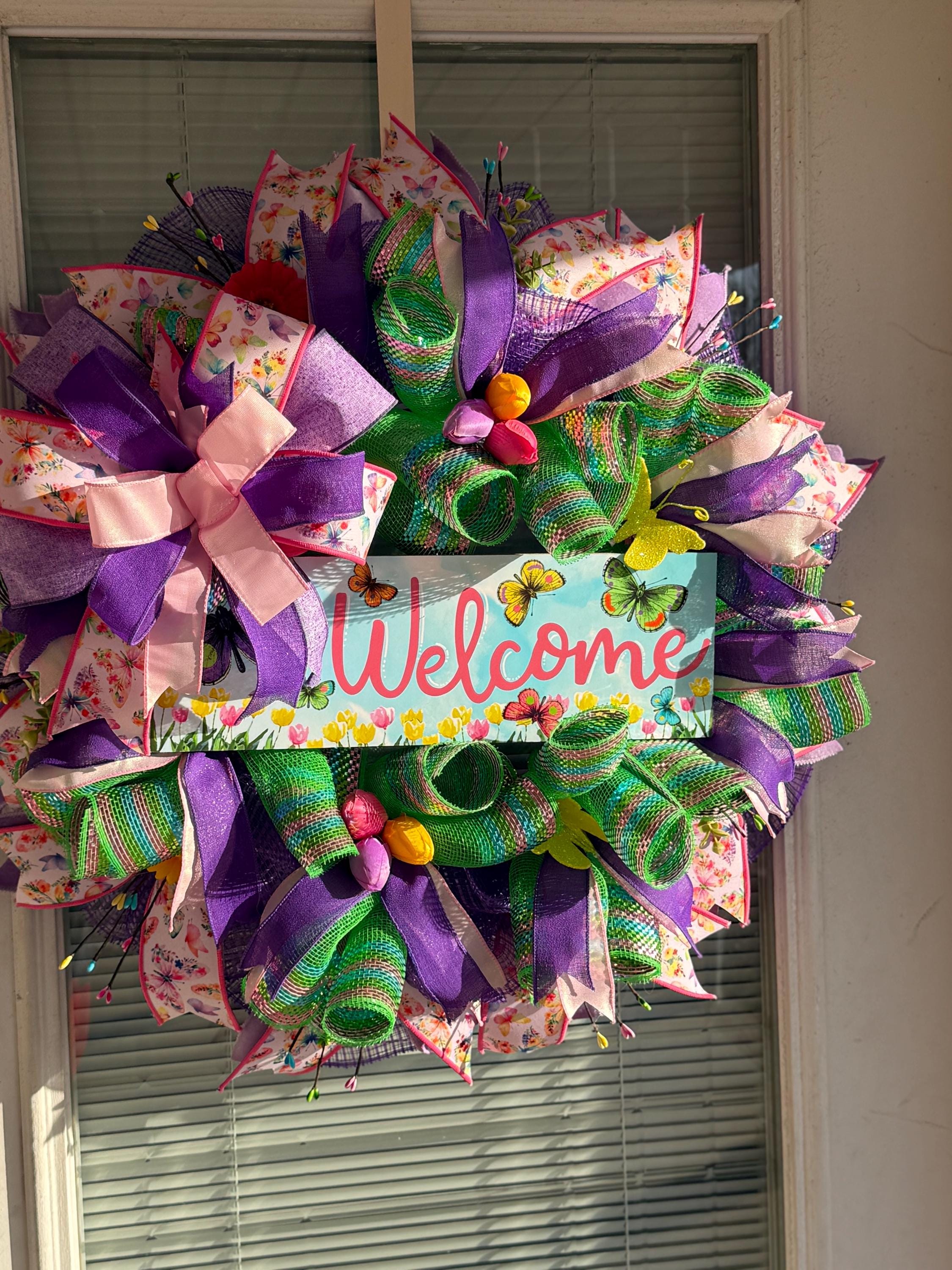 Handmade Spring Welcome Wreath | Floral Butterfly Door Decor