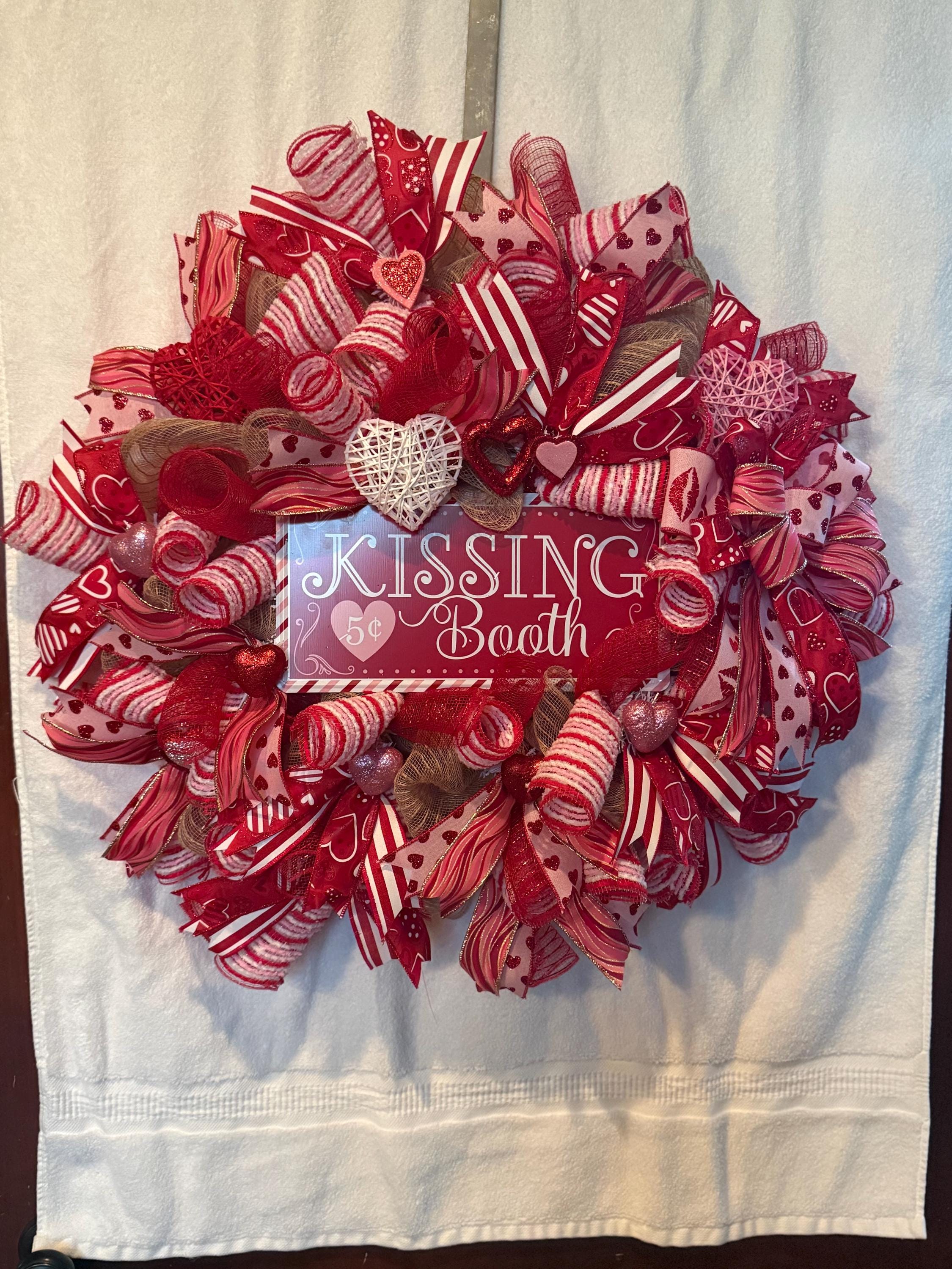 Kissing Booth Valentine’s Day Wreath – Red & Pink Deco Mesh Heart Front Door Decor