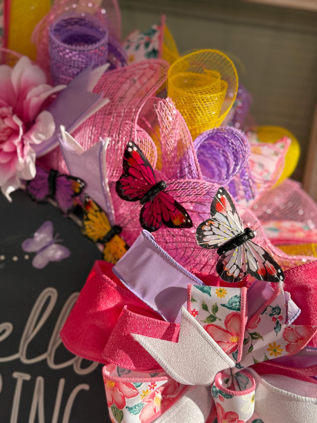 Handmade Hello Spring Wreath, Pink Purple Floral, Butterfly Decor
