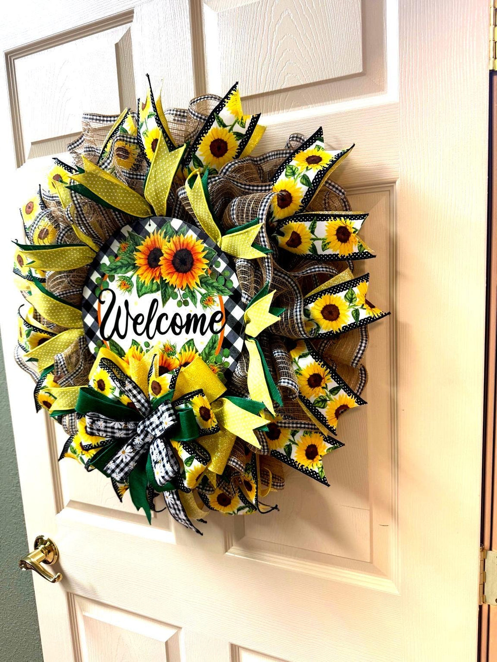 Sunflower Welcome Wreath | Farmhouse Buffalo Plaid Door Hanger