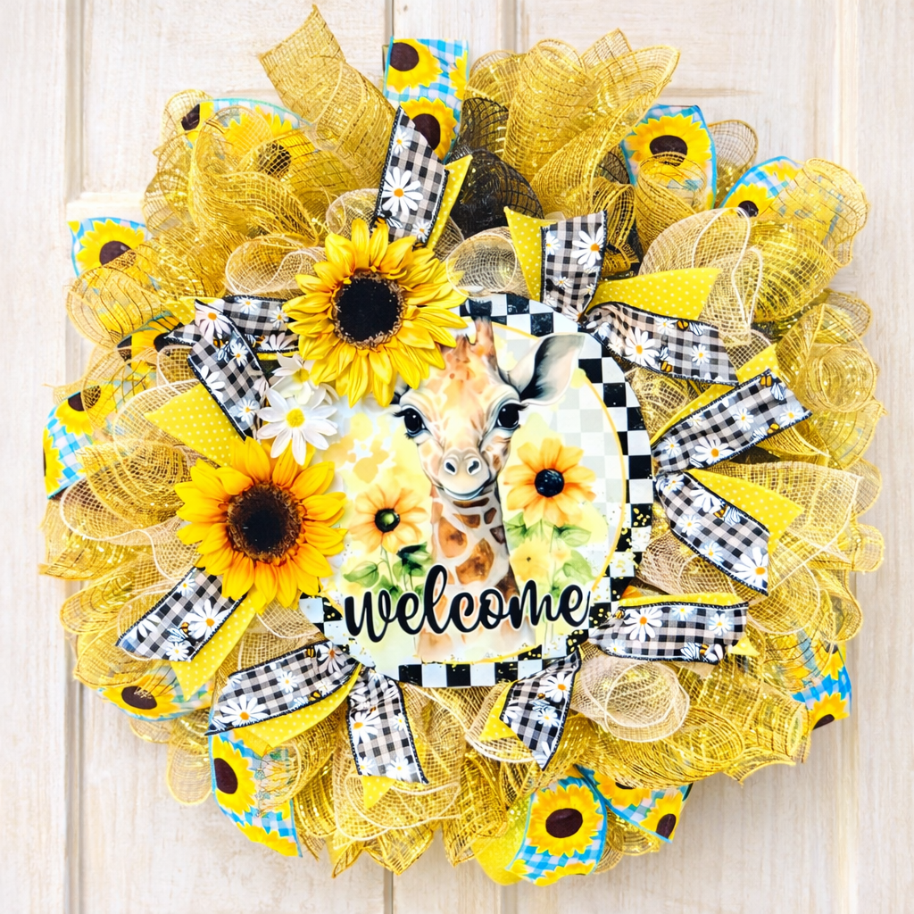 Sunflower Giraffe Welcome Wreath | Farmhouse Front Door Decor | Summer Mesh Wreath |