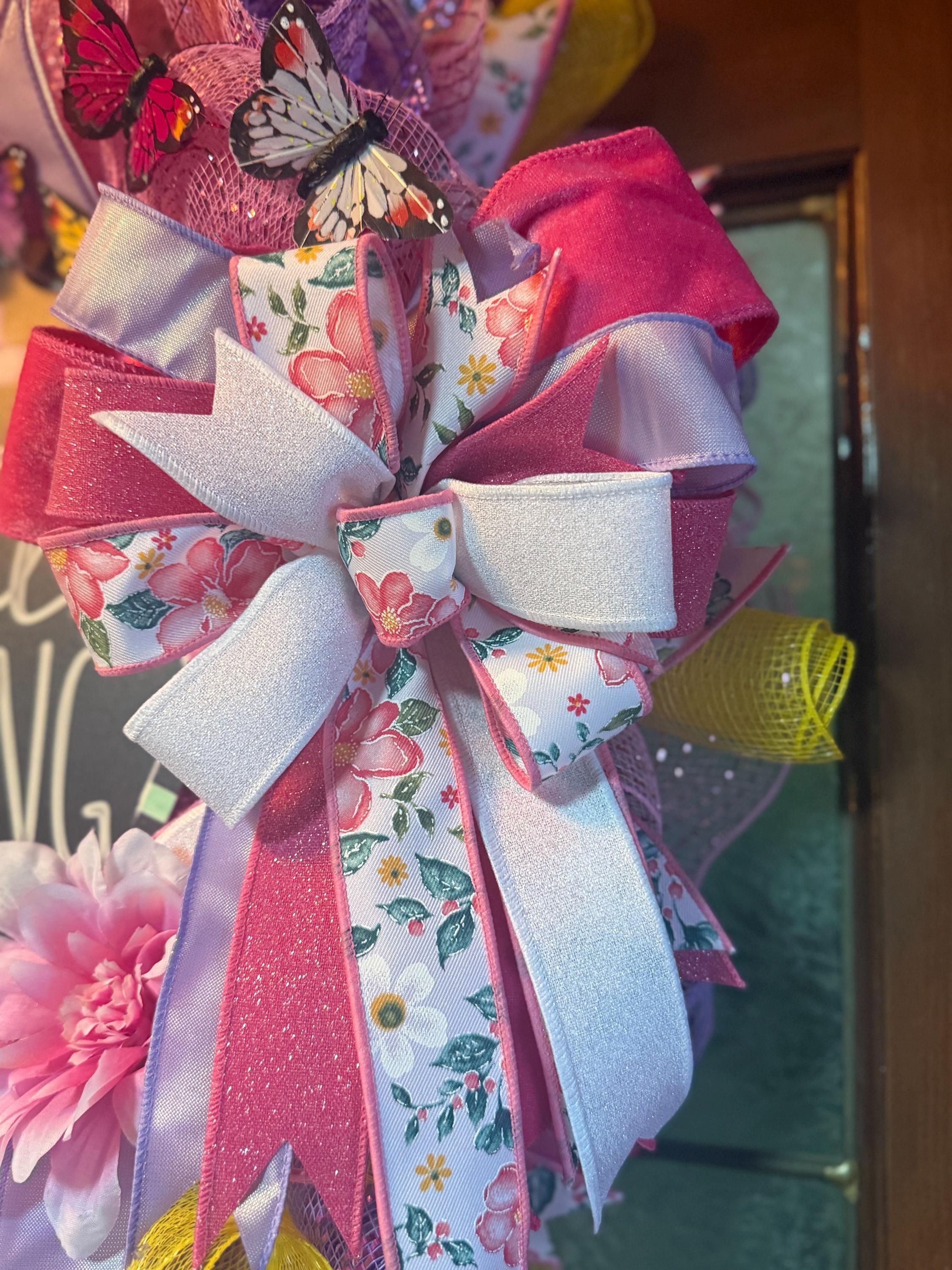 Handmade Hello Spring Wreath, Pink Purple Floral, Butterfly Decor