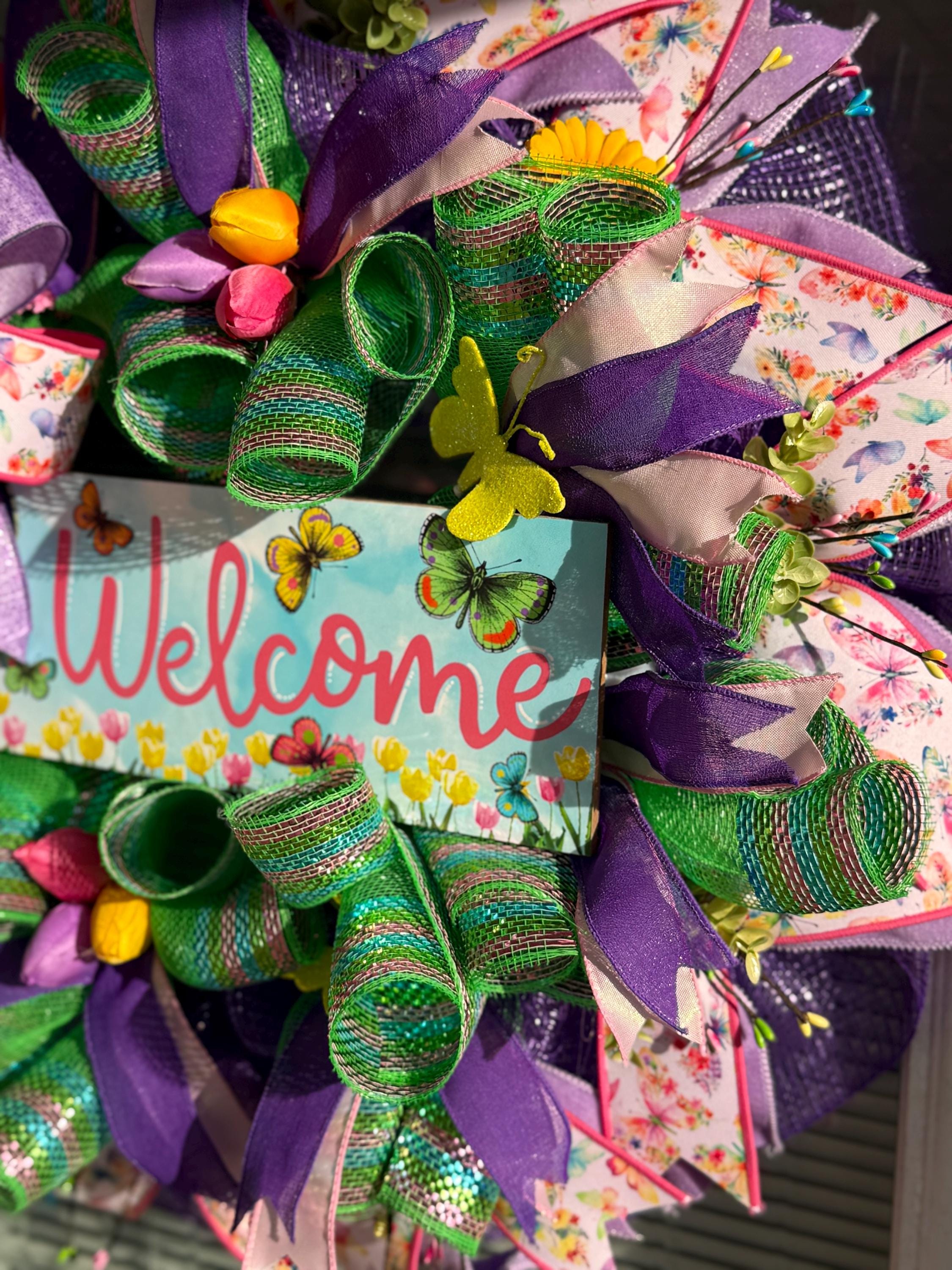 Handmade Spring Welcome Wreath | Floral Butterfly Door Decor