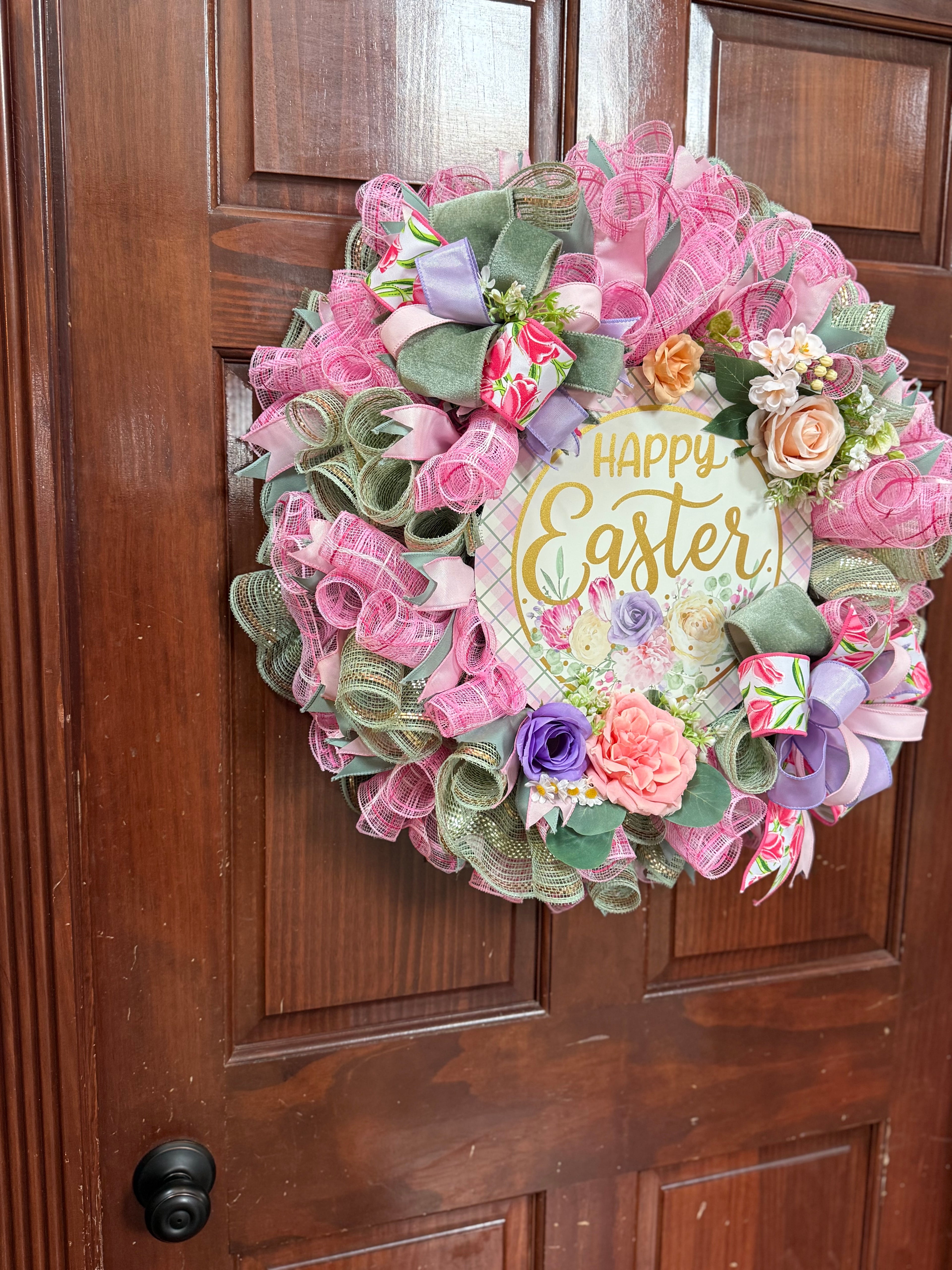 Happy Easter Spring Wreath – Pastel Easter Door Wreath – Pink Spring Front Door Decor – Farmhouse Easter Wreath – Large Easter Wreath