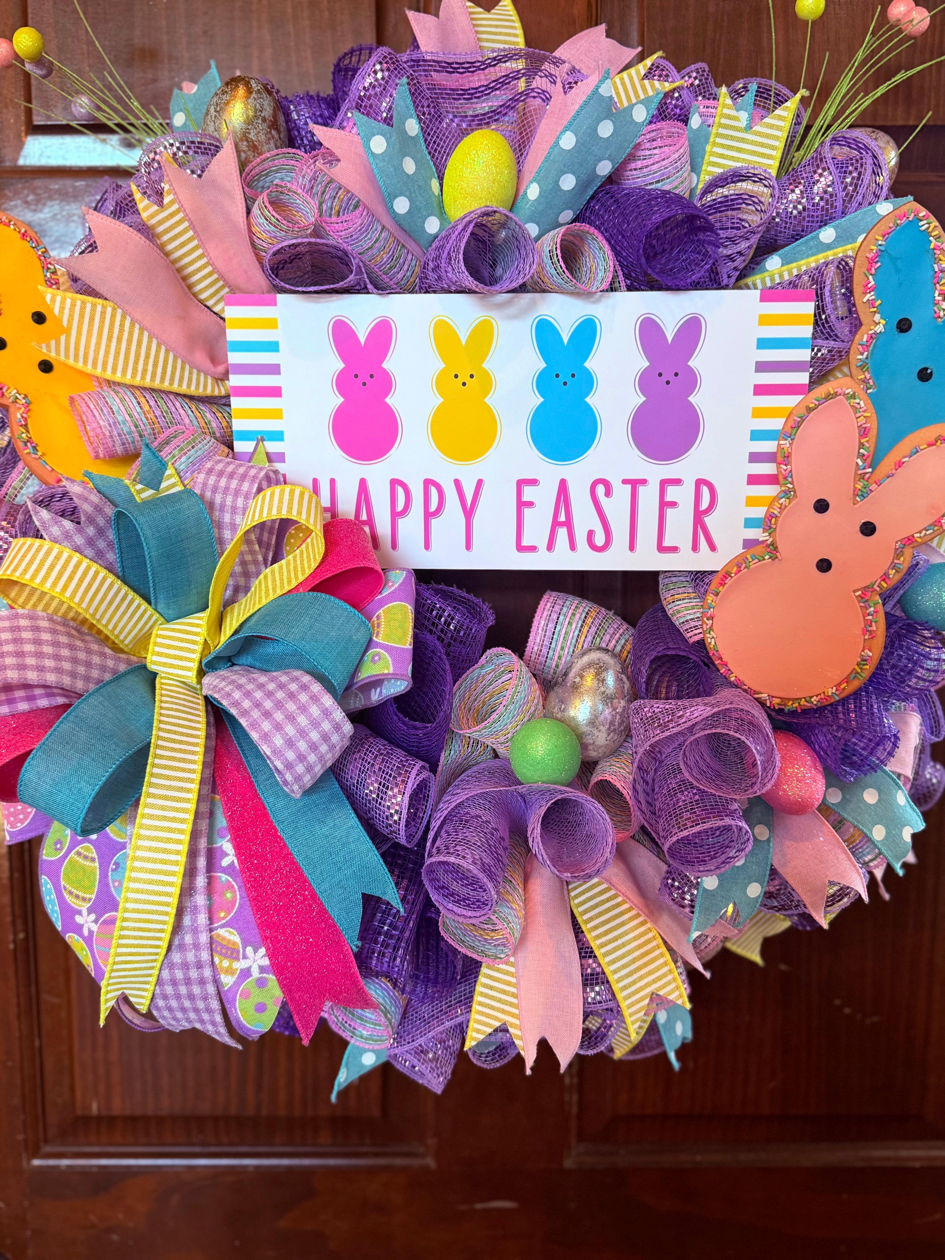 Happy Easter Bunny Wreath – Colorful Spring Door Decor with Peeps and Pastel Mesh