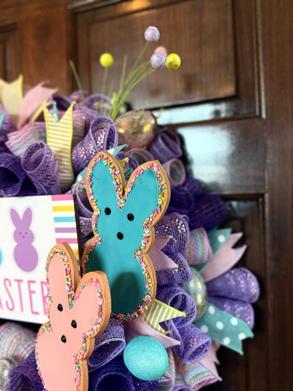 Happy Easter Bunny Wreath – Colorful Spring Door Decor with Peeps and Pastel Mesh