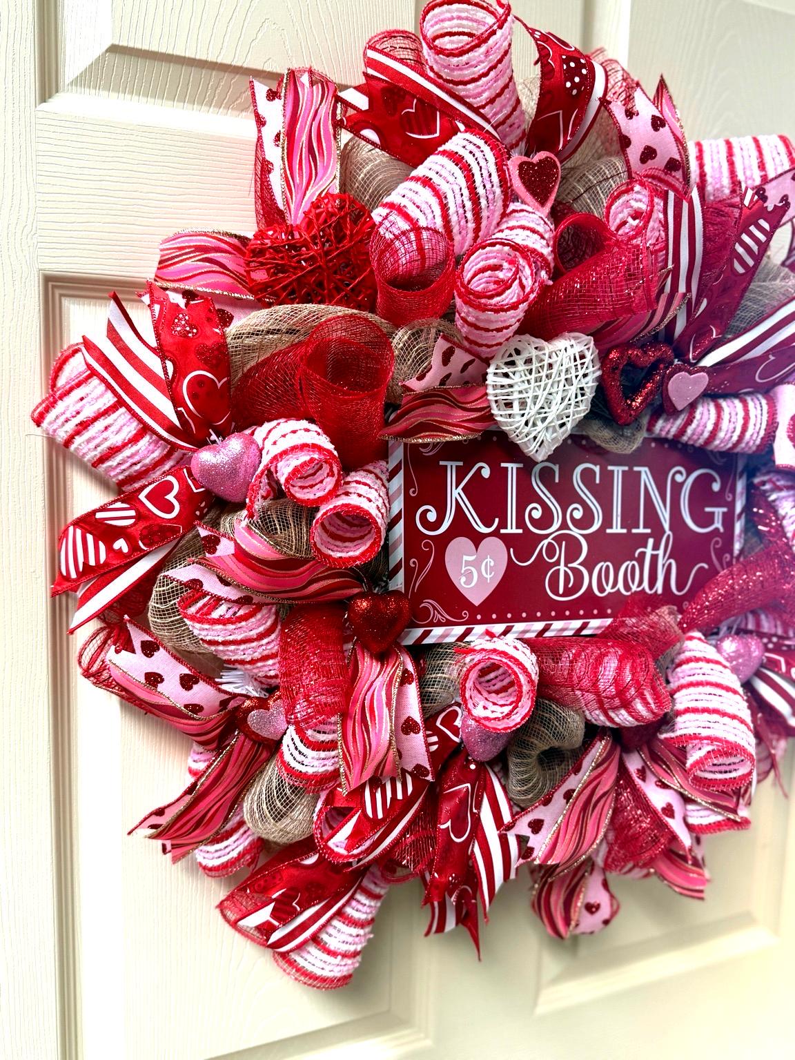 Kissing Booth Valentine’s Day Wreath – Red & Pink Deco Mesh Heart Front Door Decor
