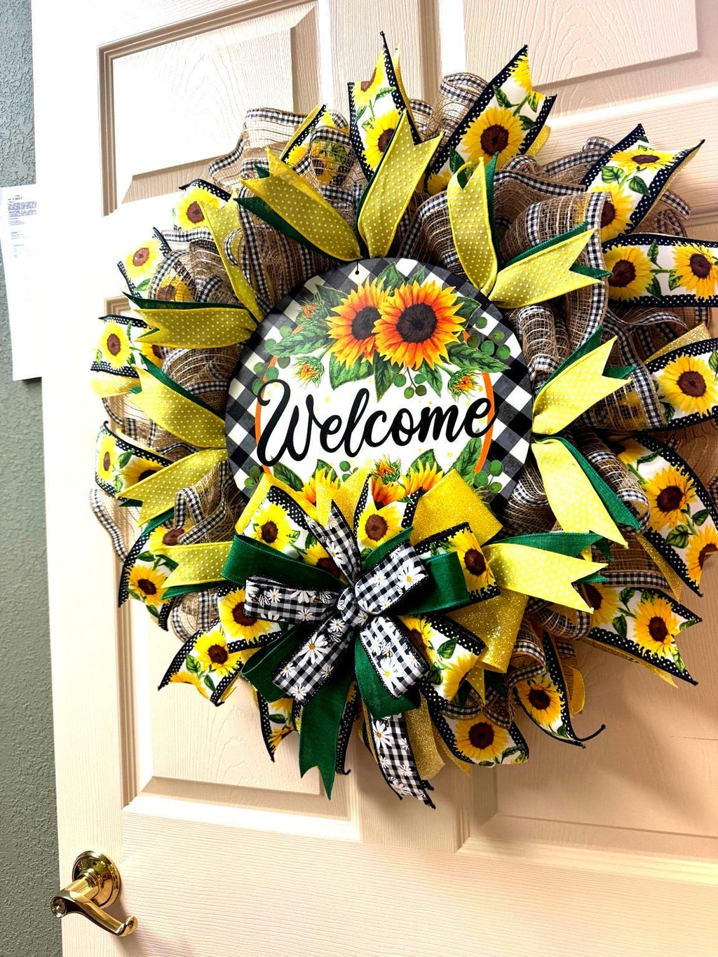Sunflower Welcome Wreath | Farmhouse Buffalo Plaid Door Hanger