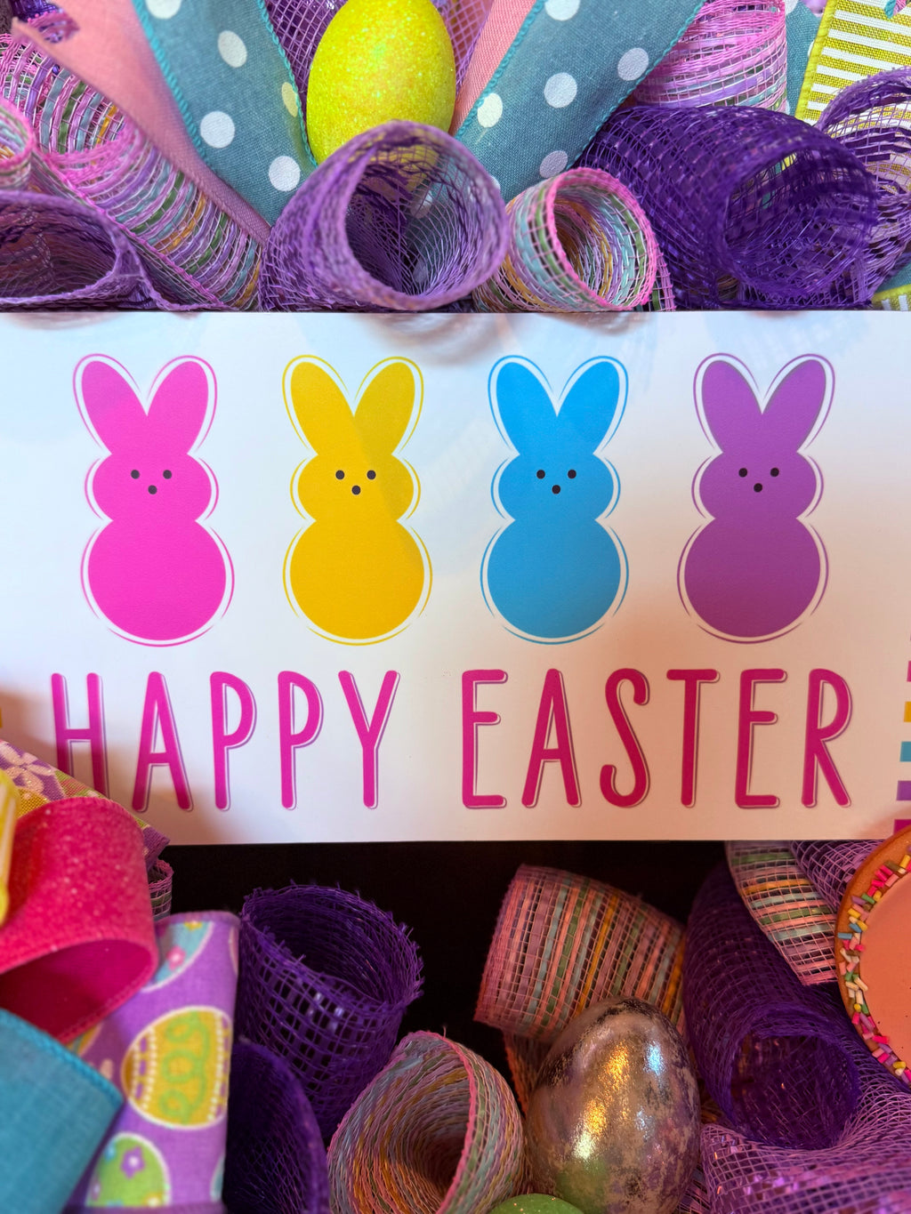 Happy Easter Bunny Wreath – Colorful Spring Door Decor with Peeps and Pastel Mesh