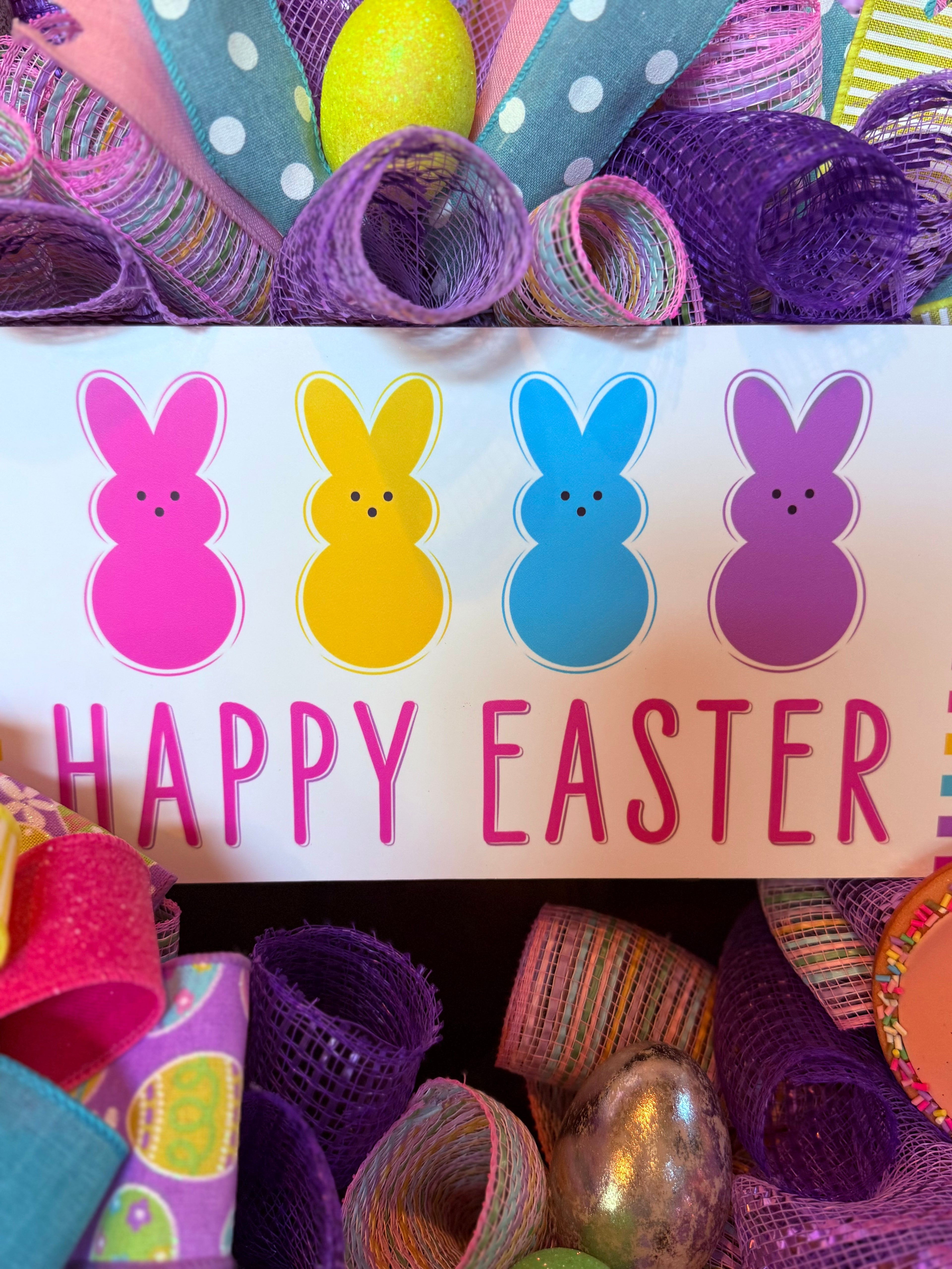 Happy Easter Bunny Wreath – Colorful Spring Door Decor with Peeps and Pastel Mesh