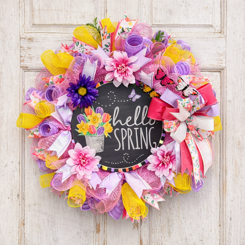 Handmade Hello Spring Wreath, Pink Purple Floral, Butterfly Decor