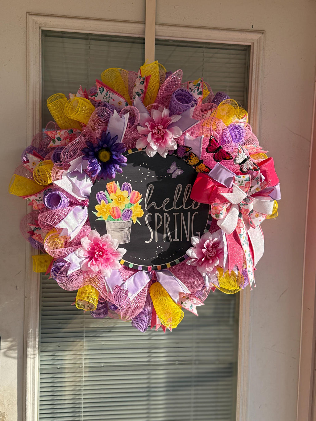 Handmade Hello Spring Wreath, Pink Purple Floral, Butterfly Decor