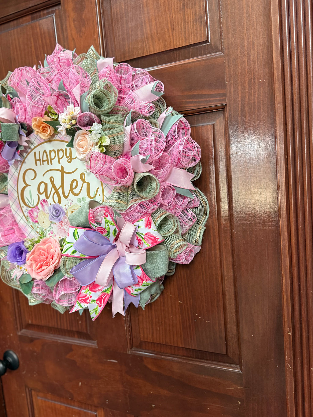 Happy Easter Spring Wreath – Pastel Easter Door Wreath – Pink Spring Front Door Decor – Farmhouse Easter Wreath – Large Easter Wreath