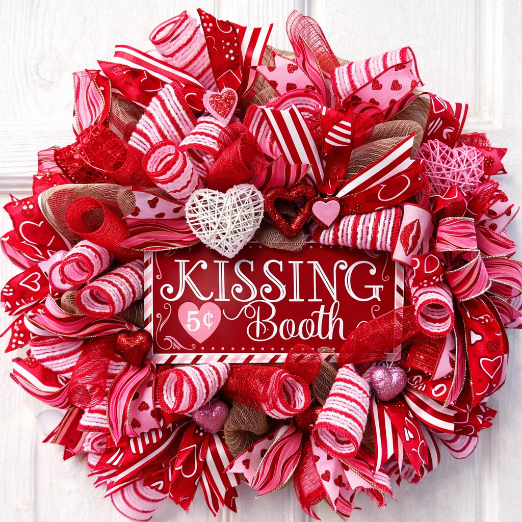 Kissing Booth Valentine’s Day Wreath – Red & Pink Deco Mesh Heart Front Door Decor