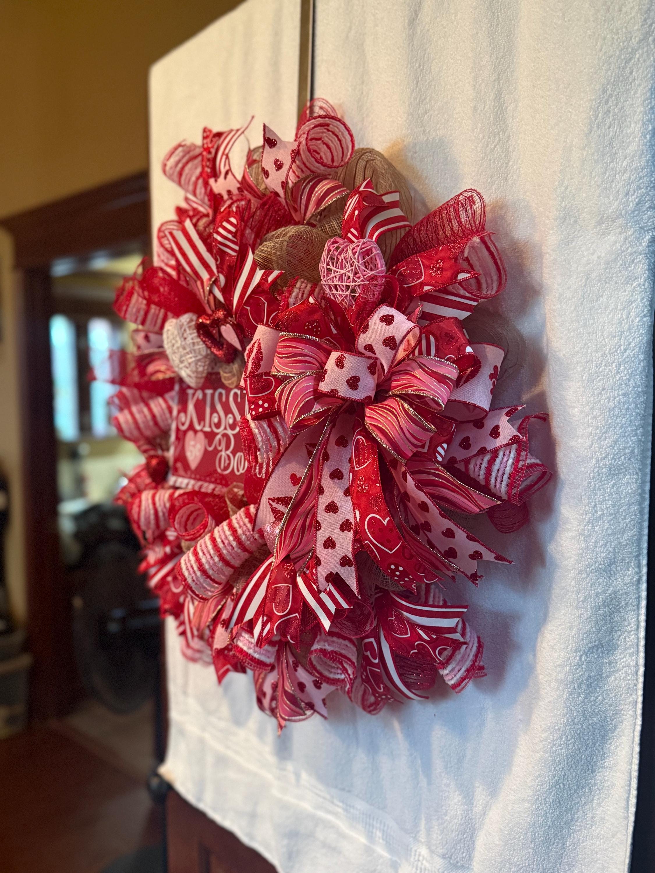 Kissing Booth Valentine’s Day Wreath – Red & Pink Deco Mesh Heart Front Door Decor