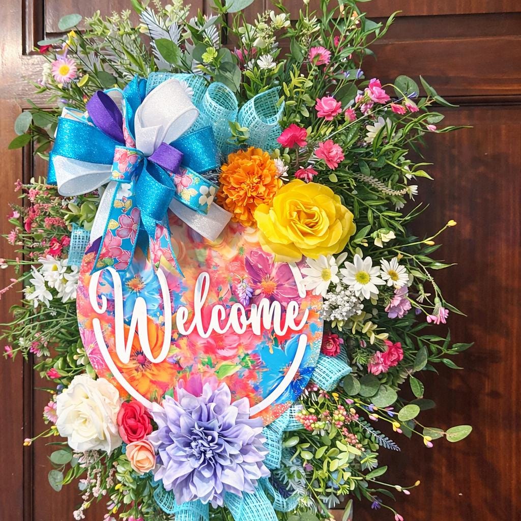 Handmade Floral Welcome Wreath | Colorful Spring Door Decor