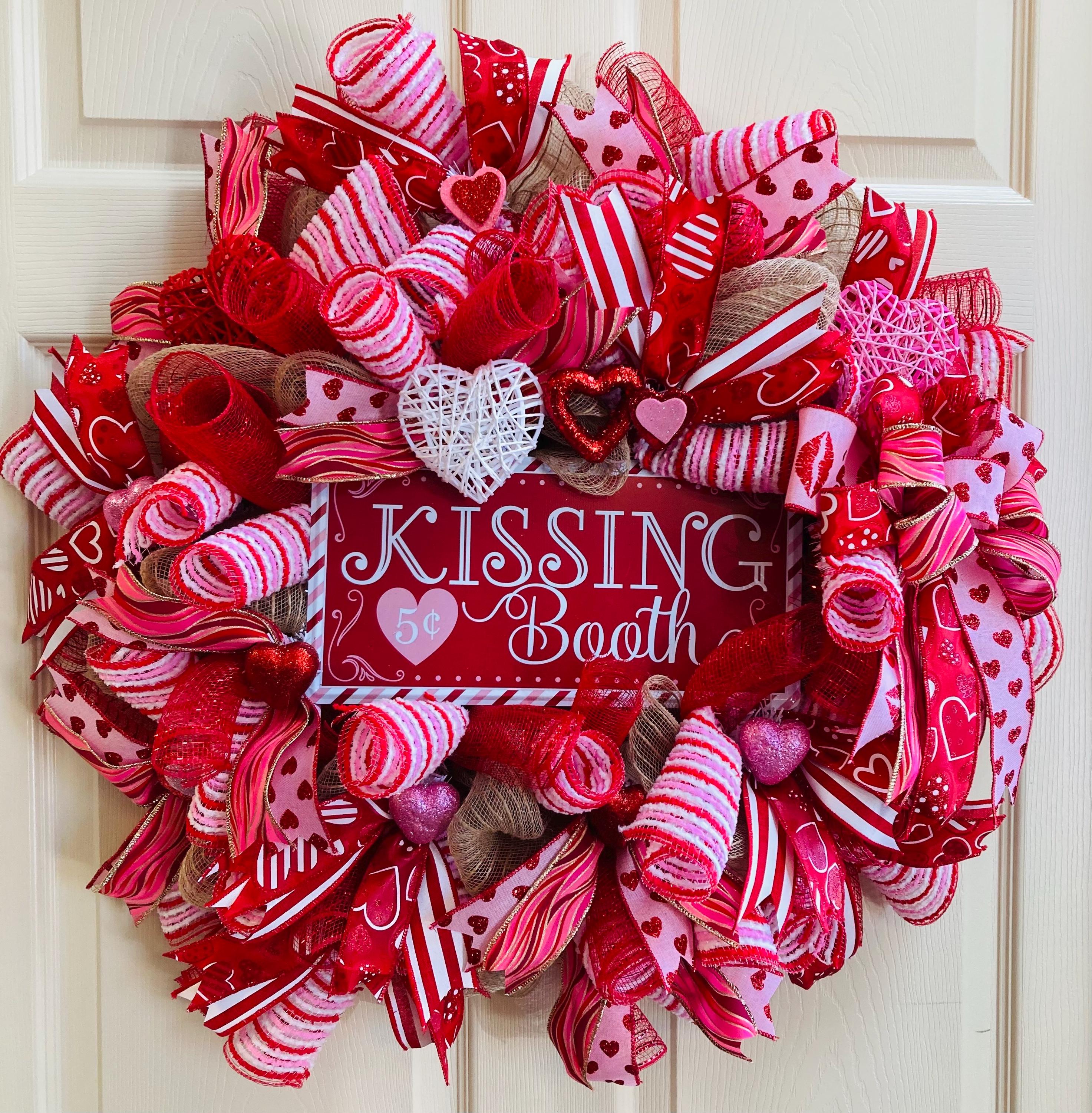 Kissing Booth Valentine’s Day Wreath – Red & Pink Deco Mesh Heart Front Door Decor