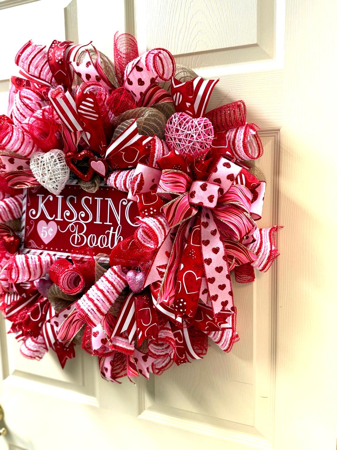 Kissing Booth Valentine’s Day Wreath – Red & Pink Deco Mesh Heart Front Door Decor