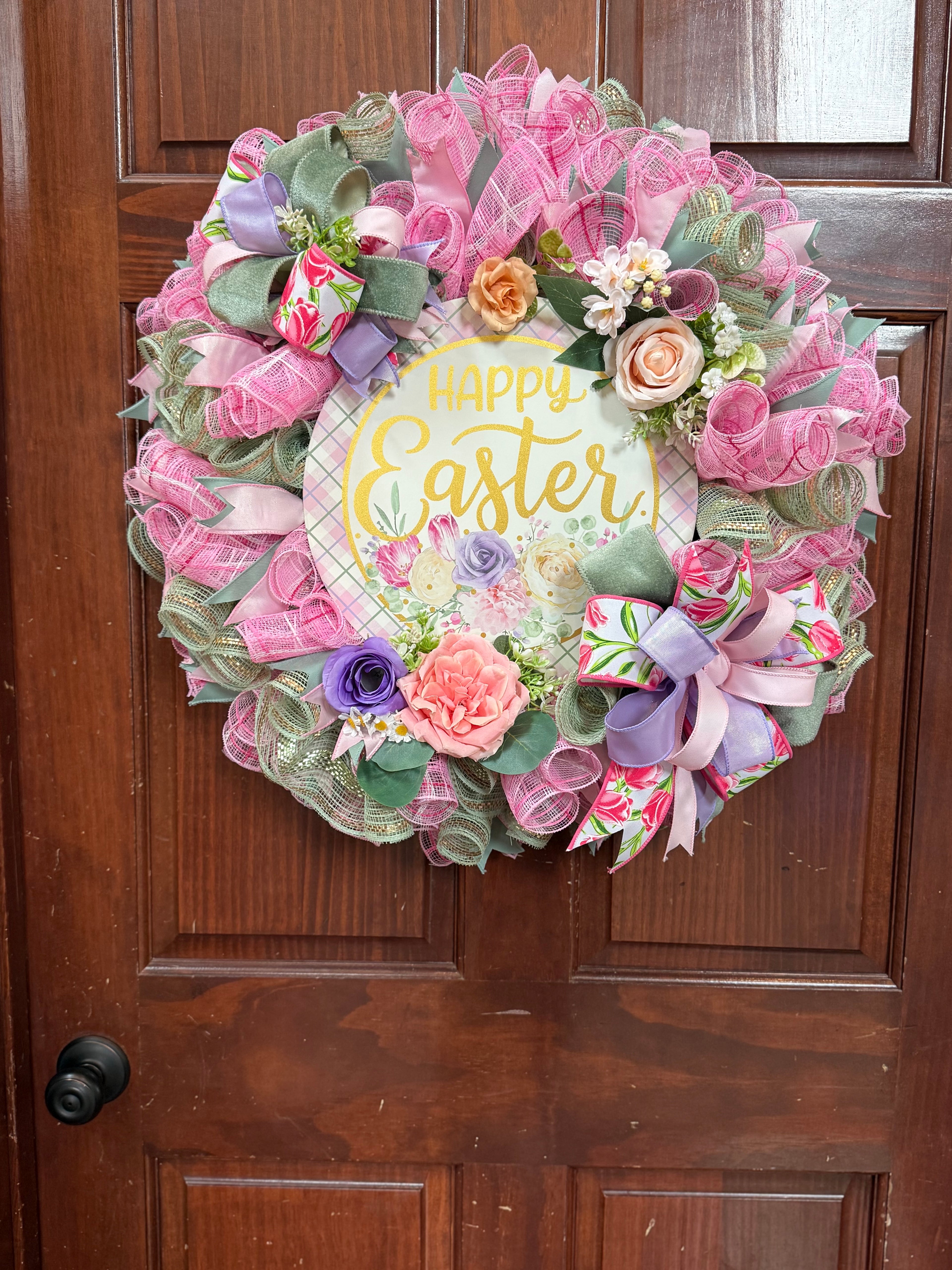Happy Easter Spring Wreath – Pastel Easter Door Wreath – Pink Spring Front Door Decor – Farmhouse Easter Wreath – Large Easter Wreath