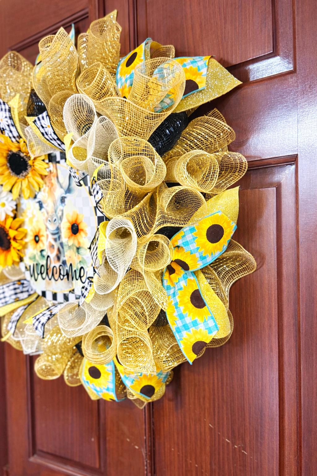 Sunflower Giraffe Welcome Wreath | Farmhouse Front Door Decor | Summer Mesh Wreath |