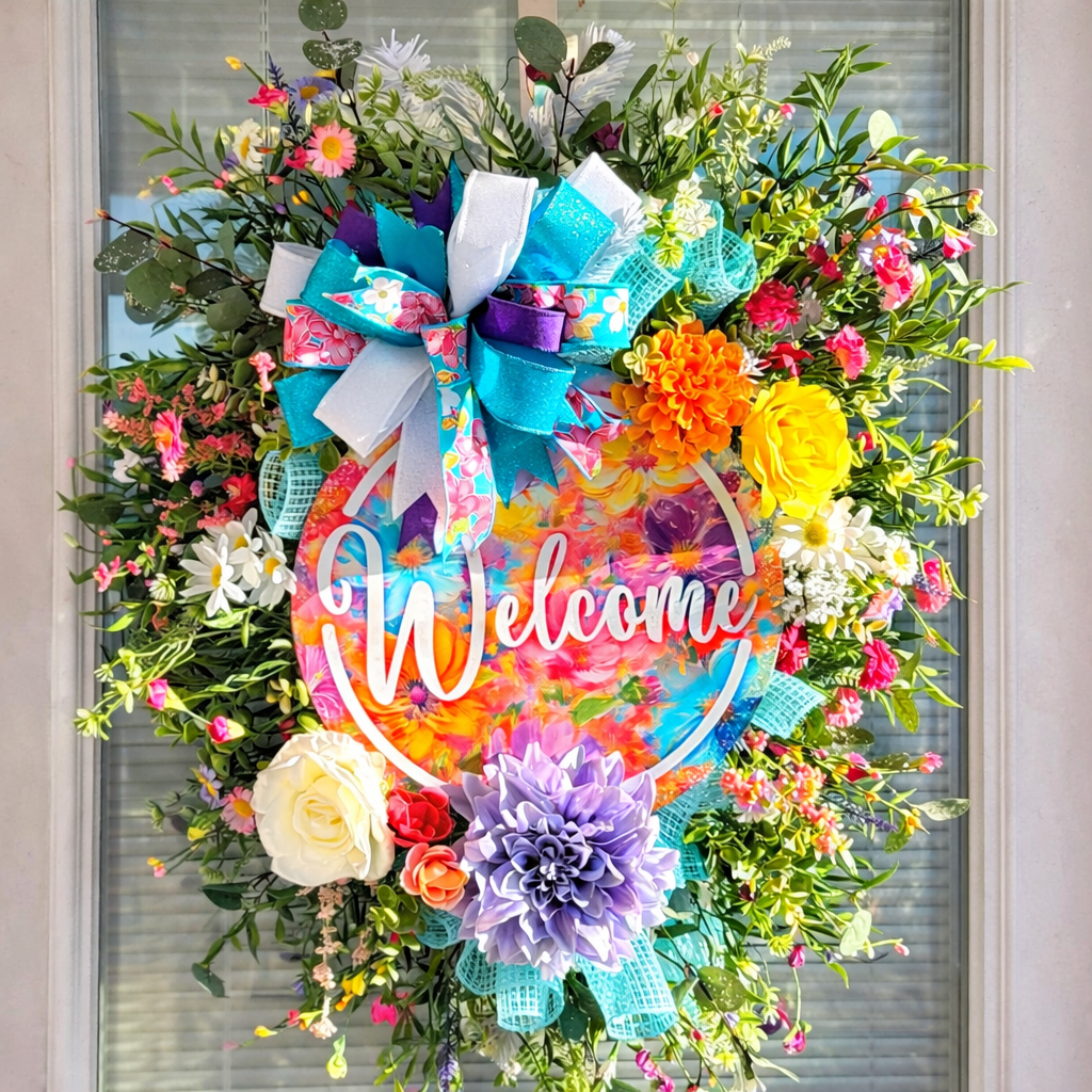 Handmade Floral Welcome Wreath | Colorful Spring Door Decor