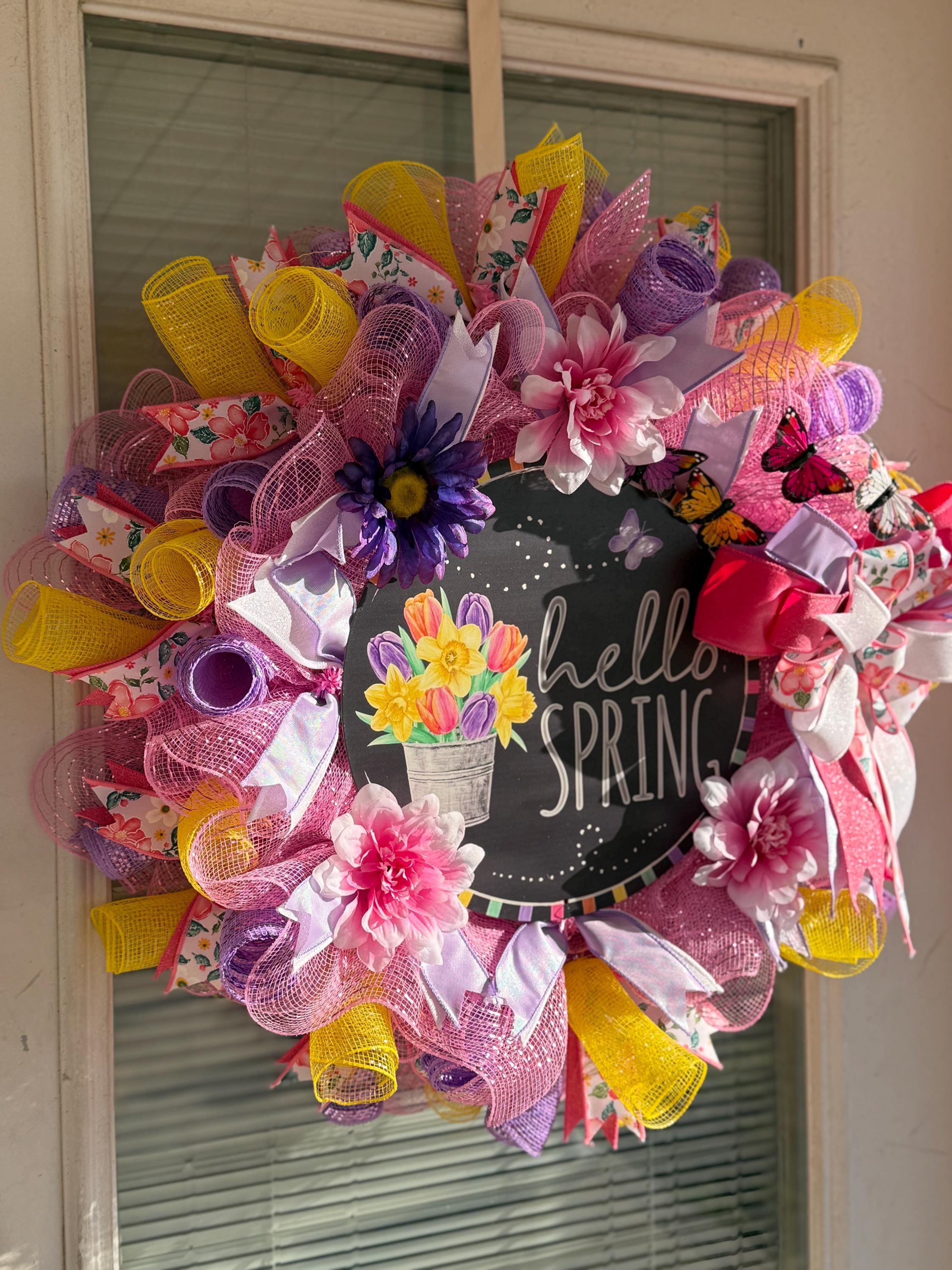 Handmade Hello Spring Wreath, Pink Purple Floral, Butterfly Decor