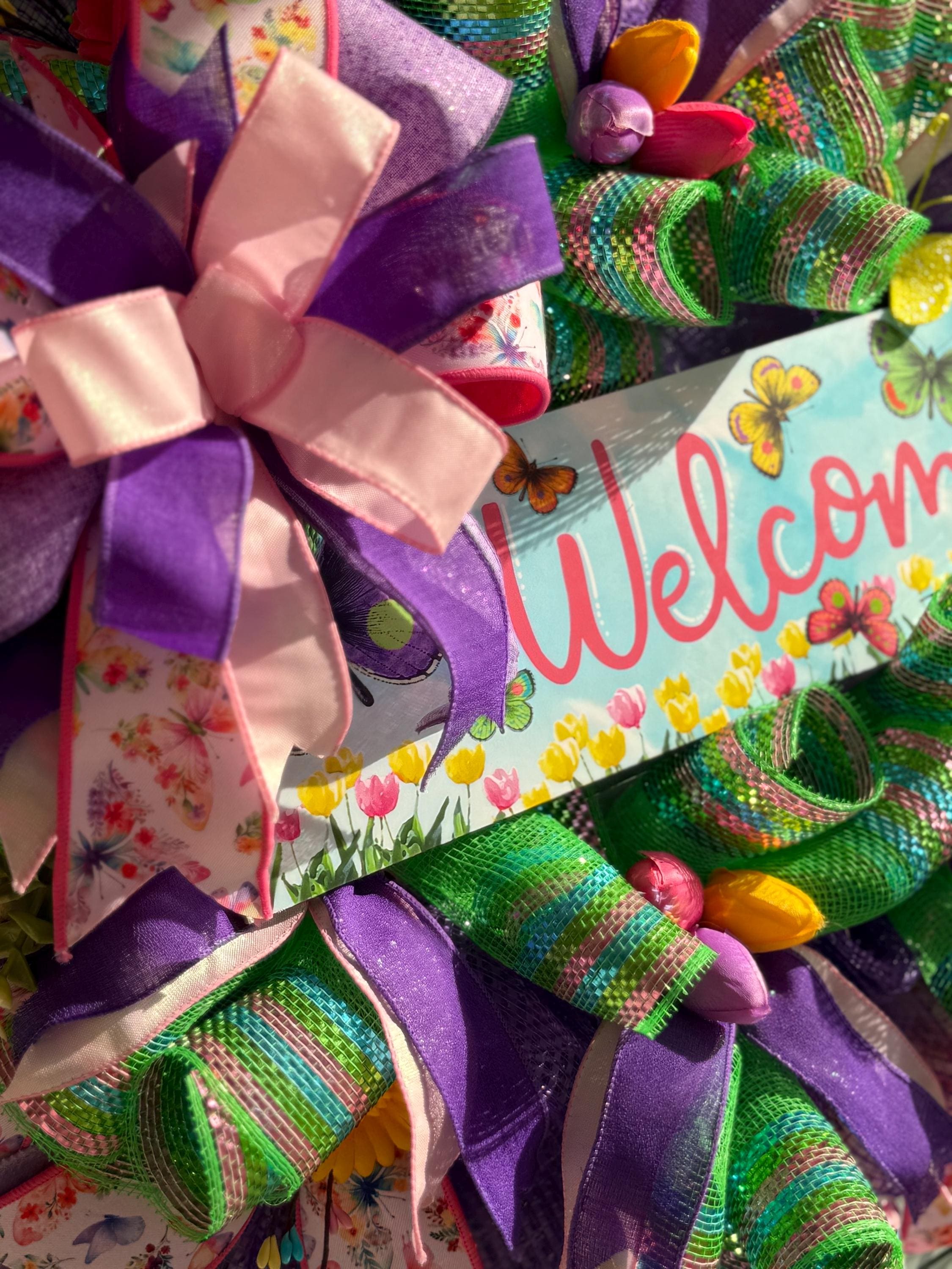 Handmade Spring Welcome Wreath | Floral Butterfly Door Decor