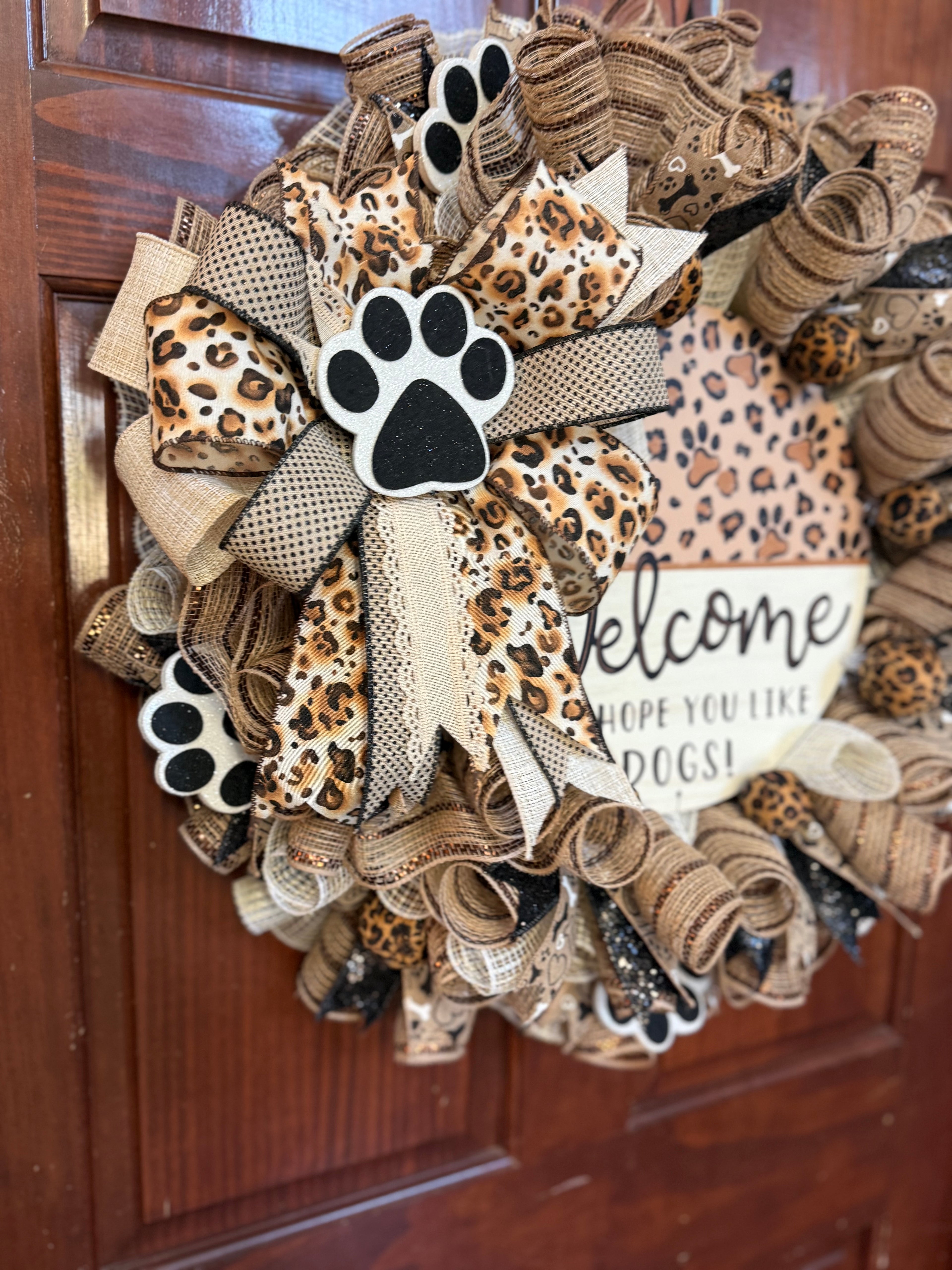 Dog Lover Wreath, Neutral Burlap Leopard Paw Print Welcome Sign, Farmhouse Pet Decor