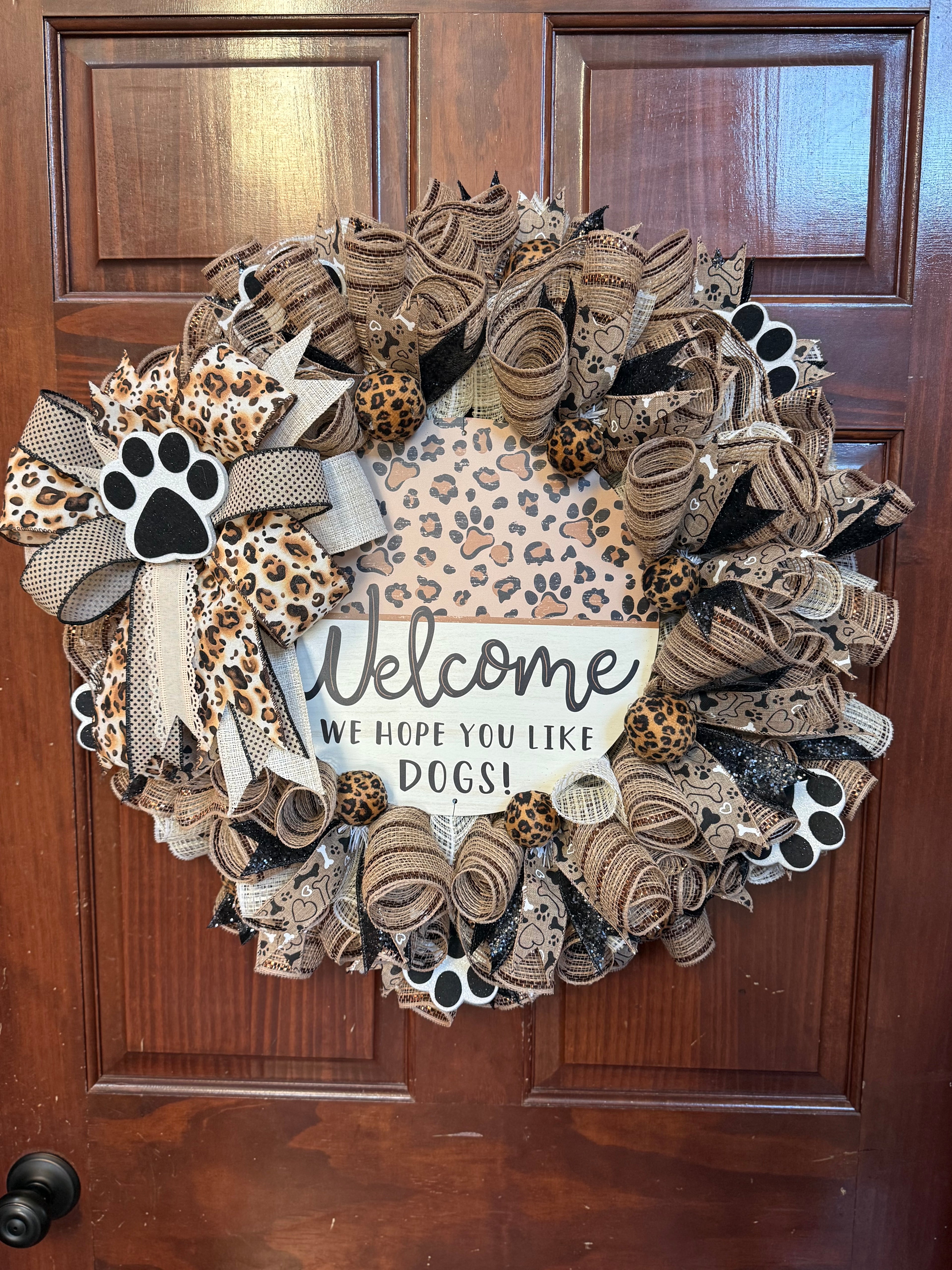 Dog Lover Wreath, Neutral Burlap Leopard Paw Print Welcome Sign, Farmhouse Pet Decor