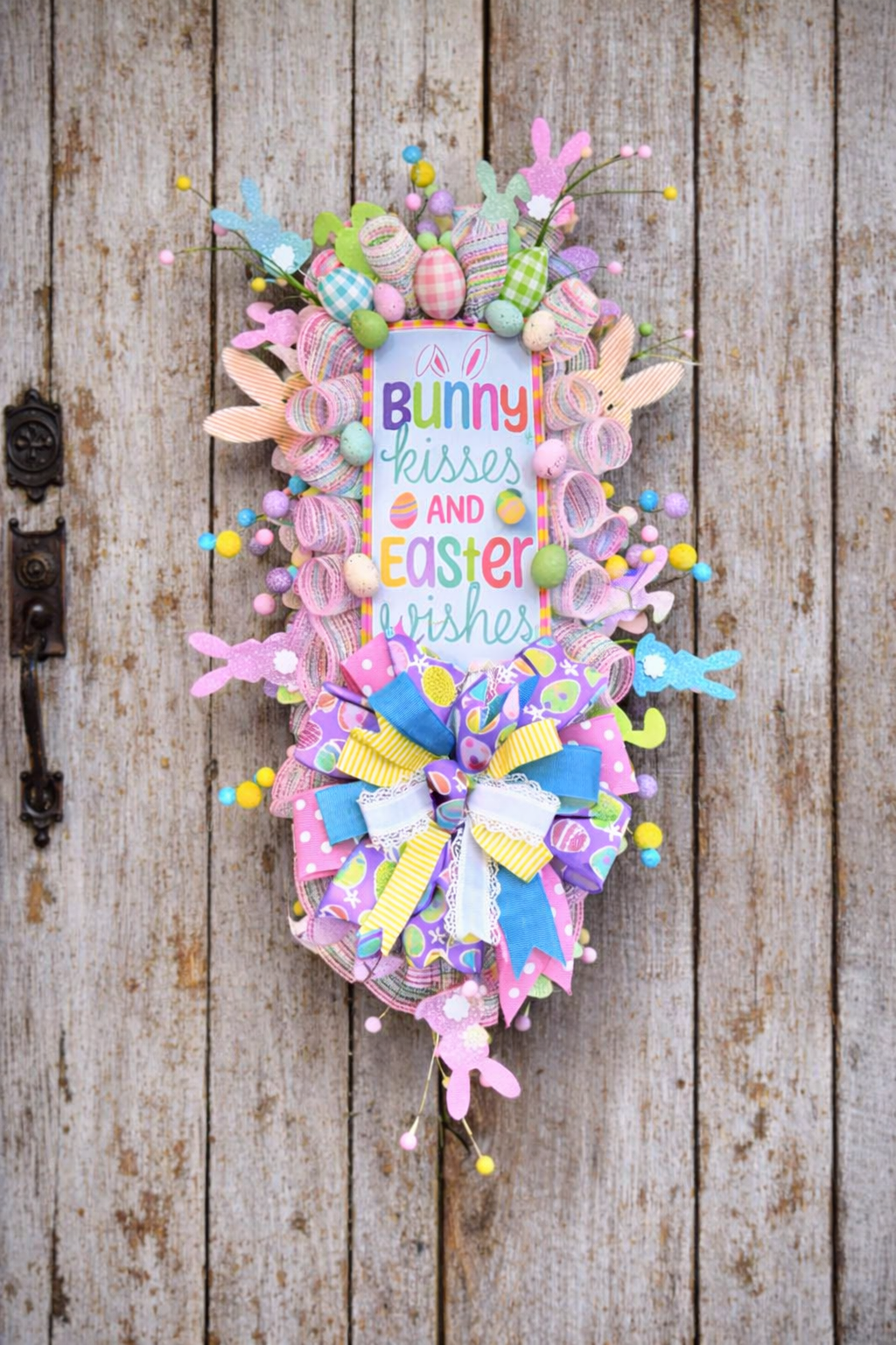 Luxury Easter Bunny Wreath – Pastel Spring Door Decor with Bunny Kisses Sign
