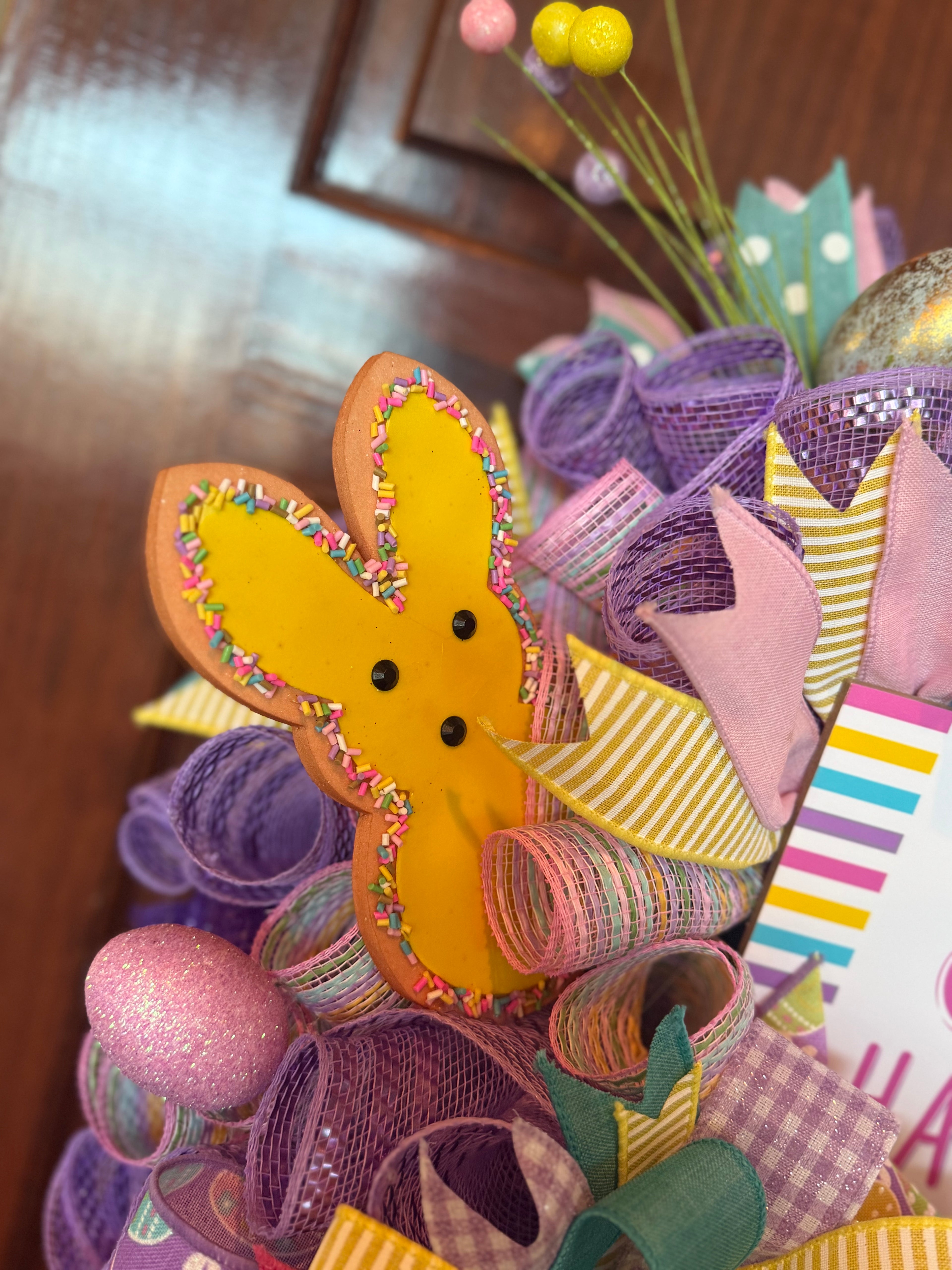 Happy Easter Bunny Wreath – Colorful Spring Door Decor with Peeps and Pastel Mesh