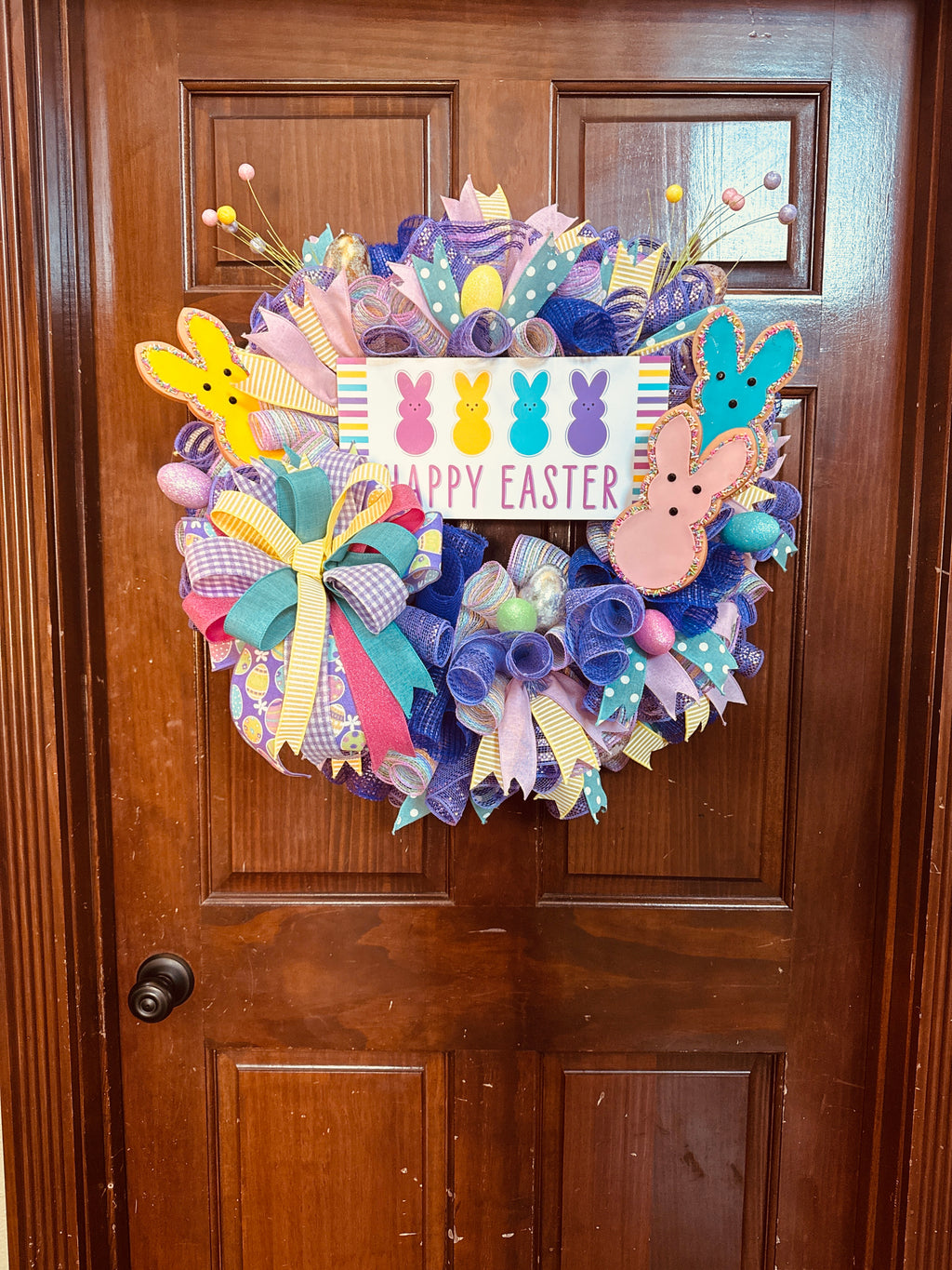 Happy Easter Bunny Wreath – Colorful Spring Door Decor with Peeps and Pastel Mesh