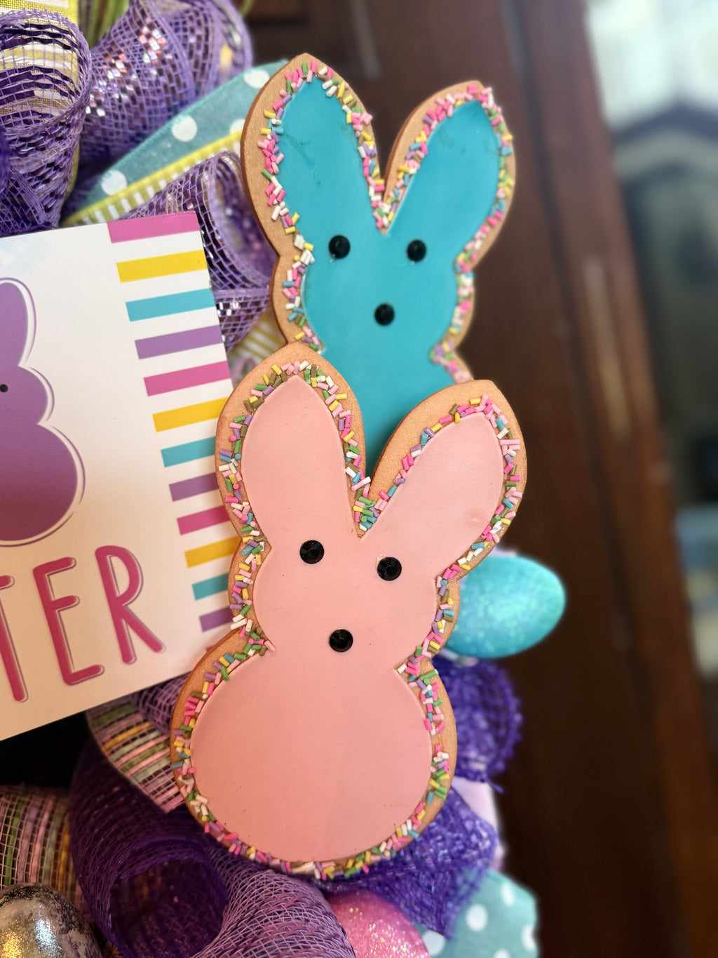 Happy Easter Bunny Wreath – Colorful Spring Door Decor with Peeps and Pastel Mesh