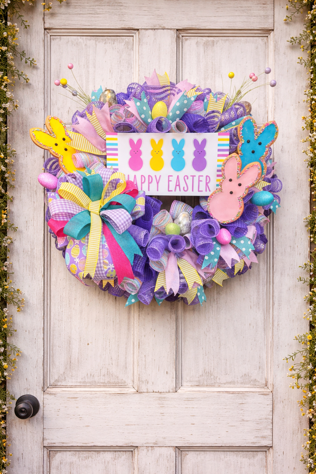 Happy Easter Bunny Wreath – Colorful Spring Door Decor with Peeps and Pastel Mesh
