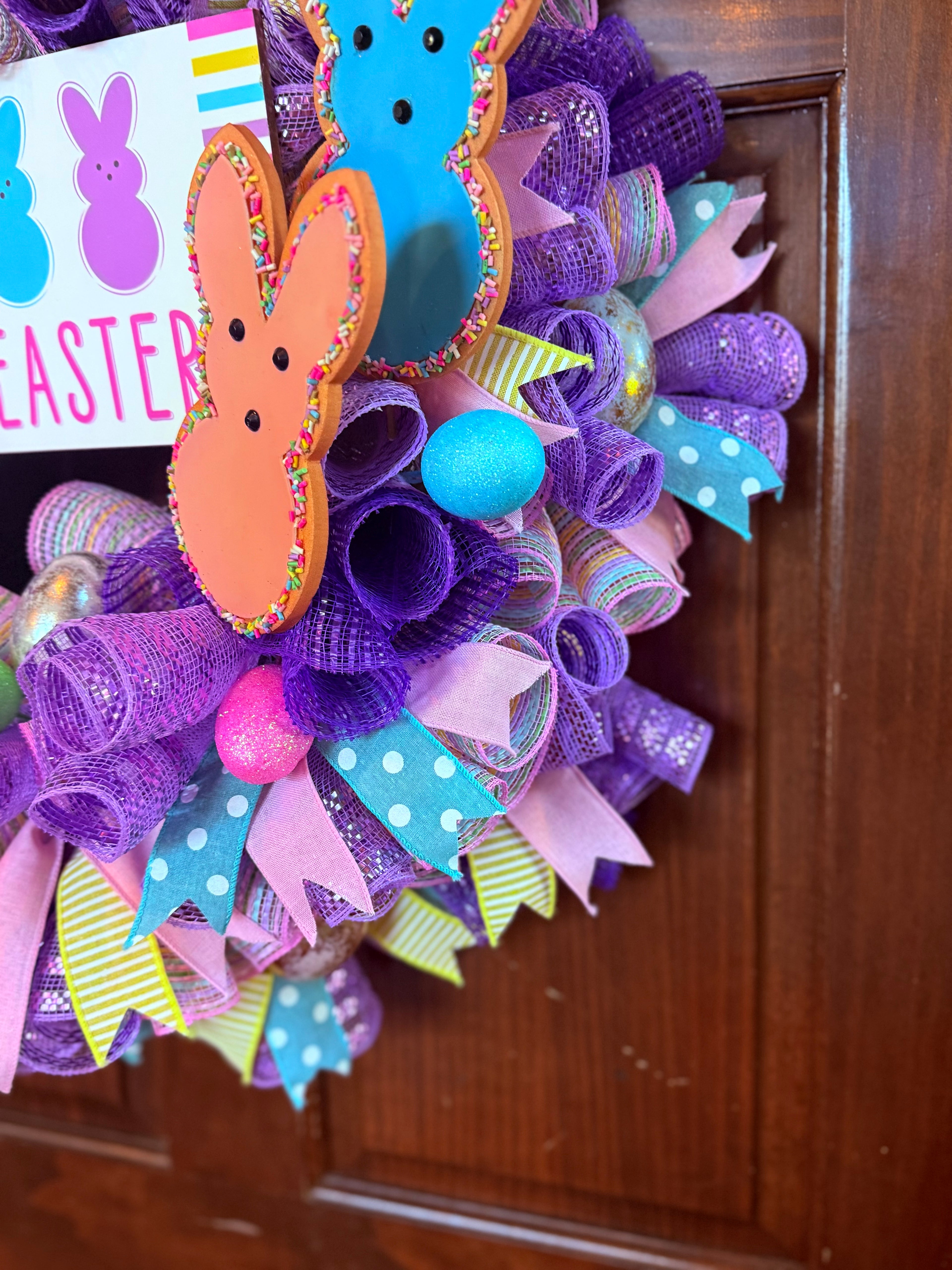 Happy Easter Bunny Wreath – Colorful Spring Door Decor with Peeps and Pastel Mesh