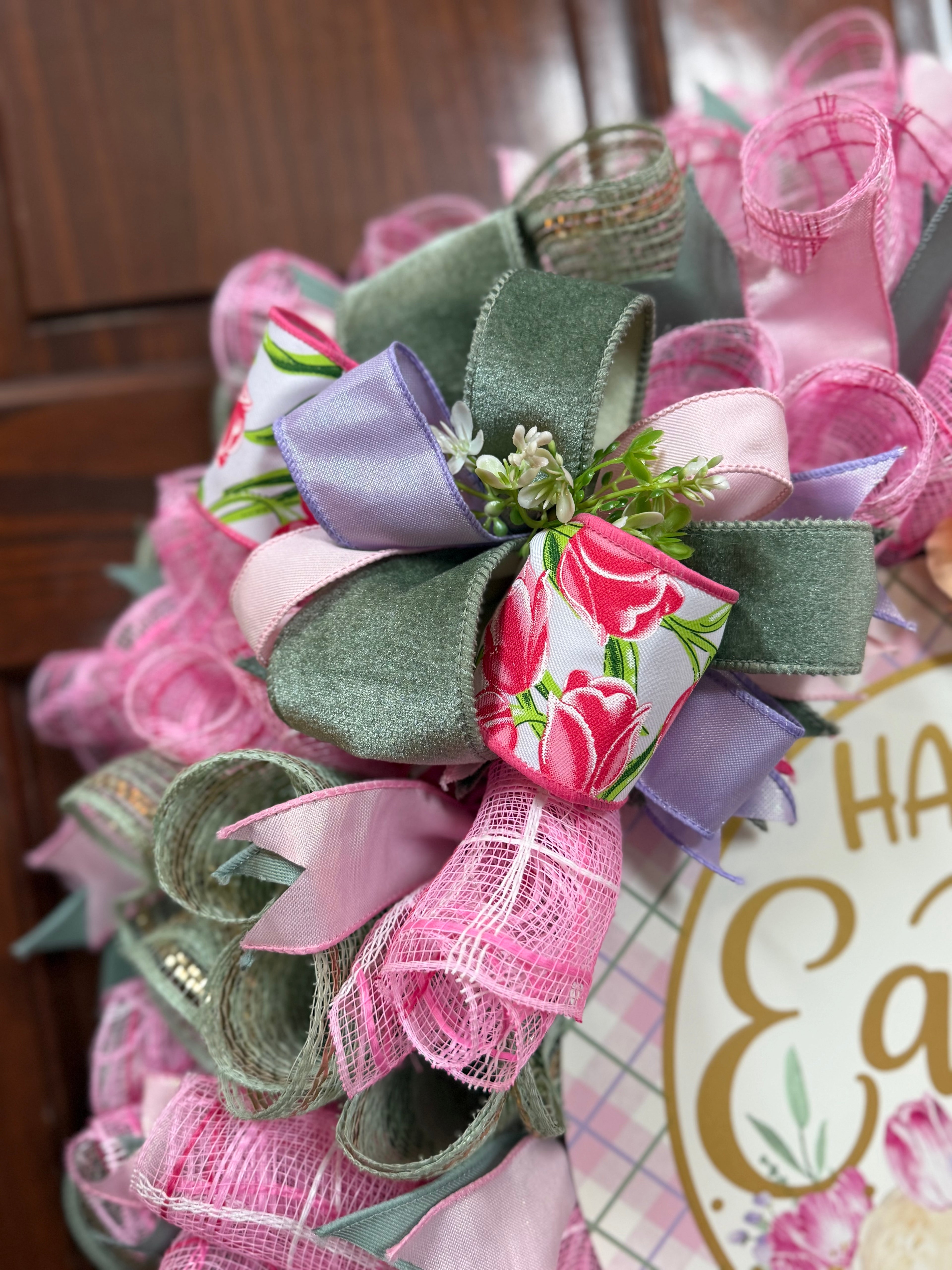 Happy Easter Spring Wreath – Pastel Easter Door Wreath – Pink Spring Front Door Decor – Farmhouse Easter Wreath – Large Easter Wreath