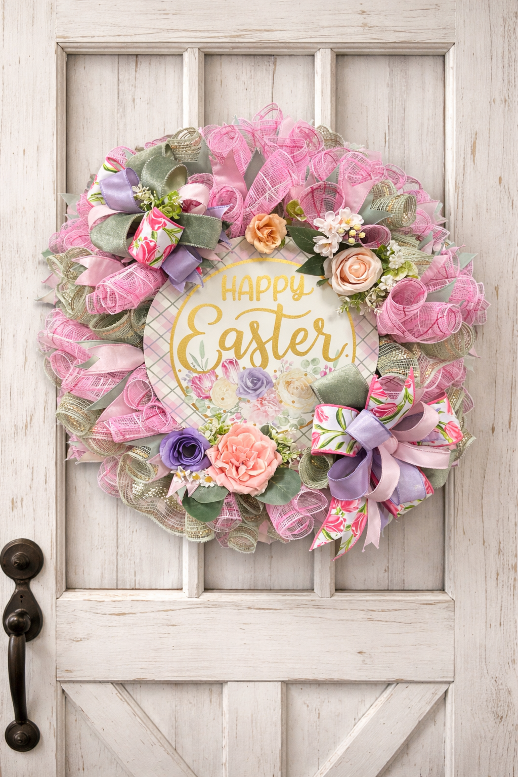 Happy Easter Spring Wreath – Pastel Easter Door Wreath – Pink Spring Front Door Decor – Farmhouse Easter Wreath – Large Easter Wreath