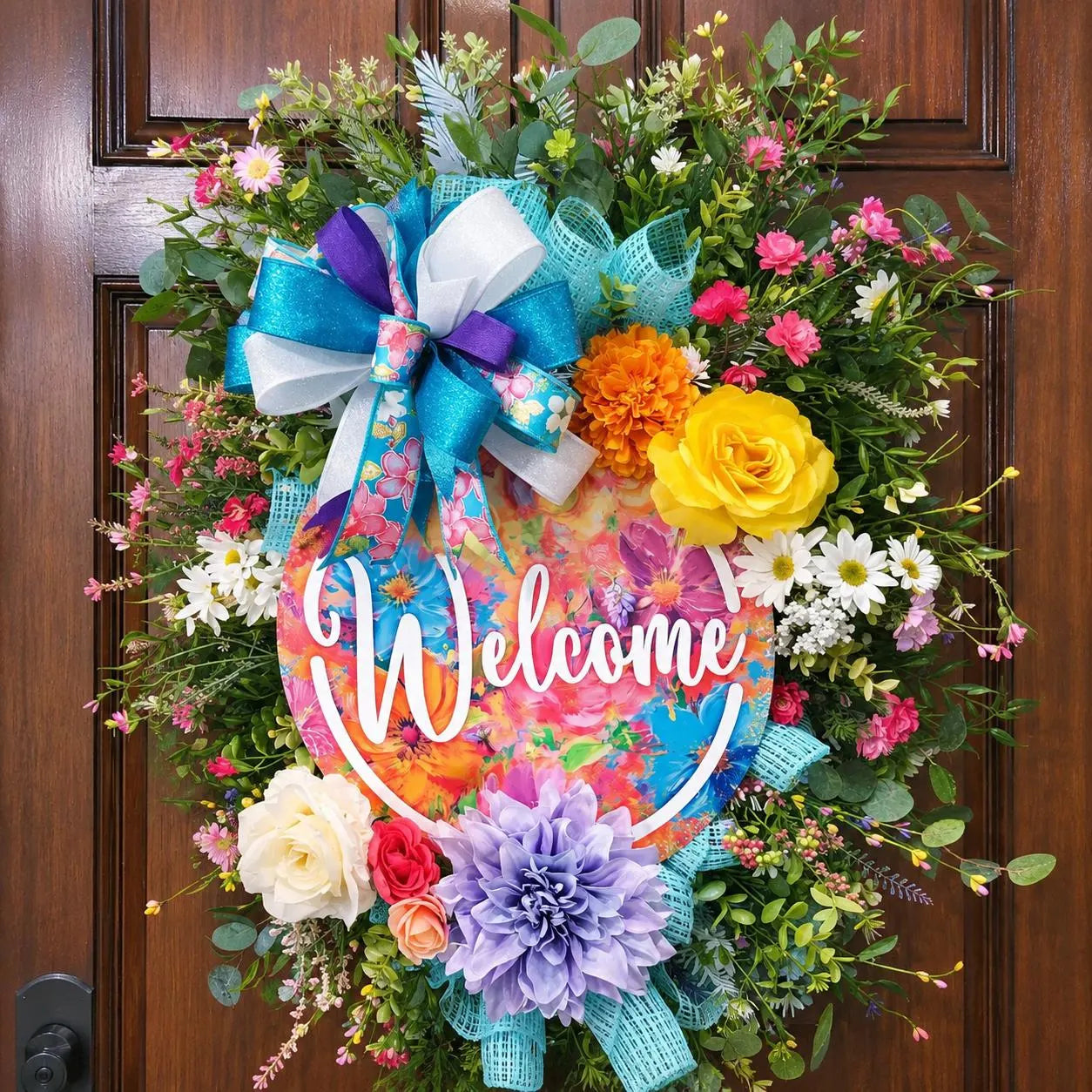 Handmade Floral Welcome Wreath | Colorful Spring Door Decor