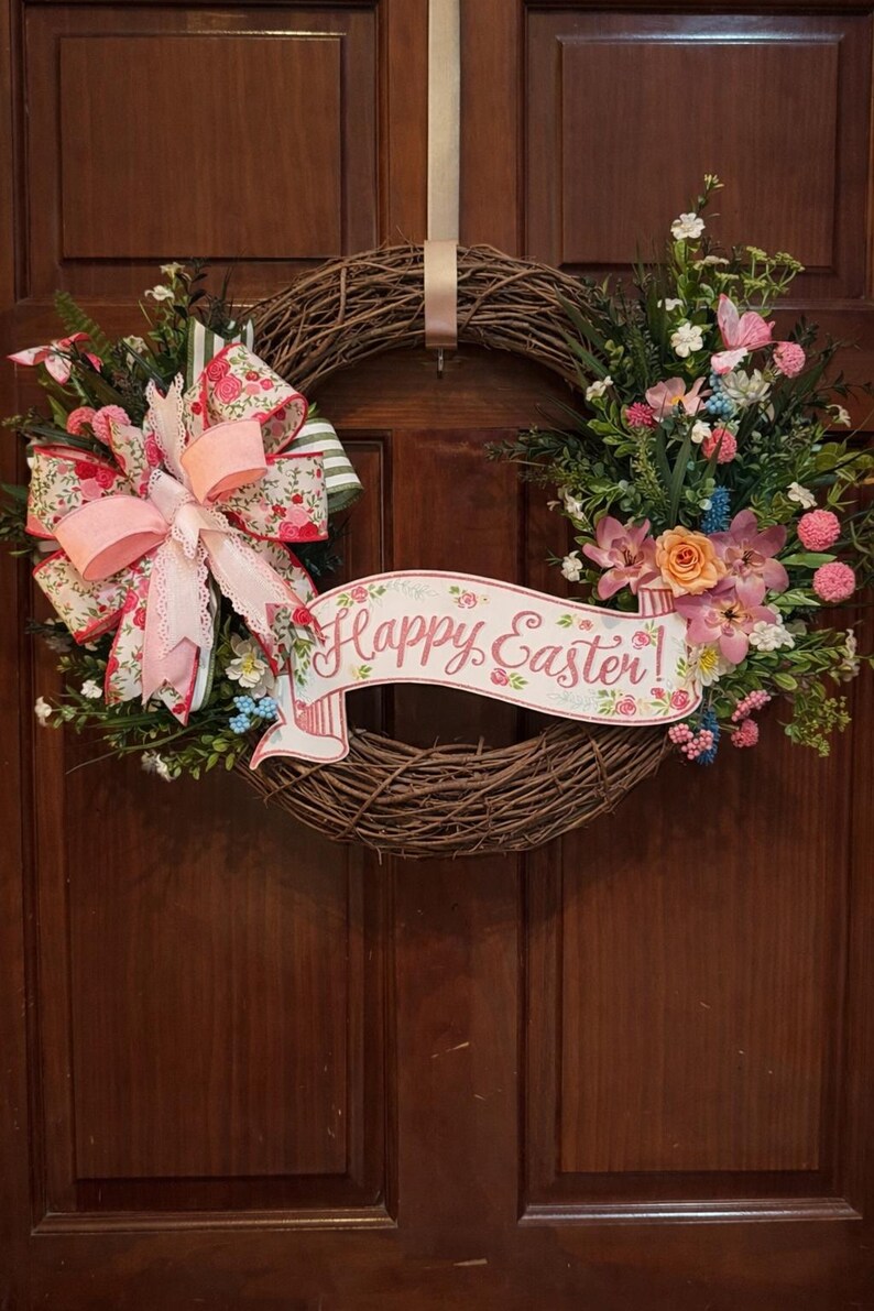 Easter Grapevine Wreath for Front Door – Pink Bow Spring Farmhouse Decor