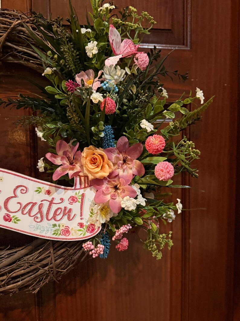 Easter Grapevine Wreath for Front Door – Pink Bow Spring Farmhouse Decor