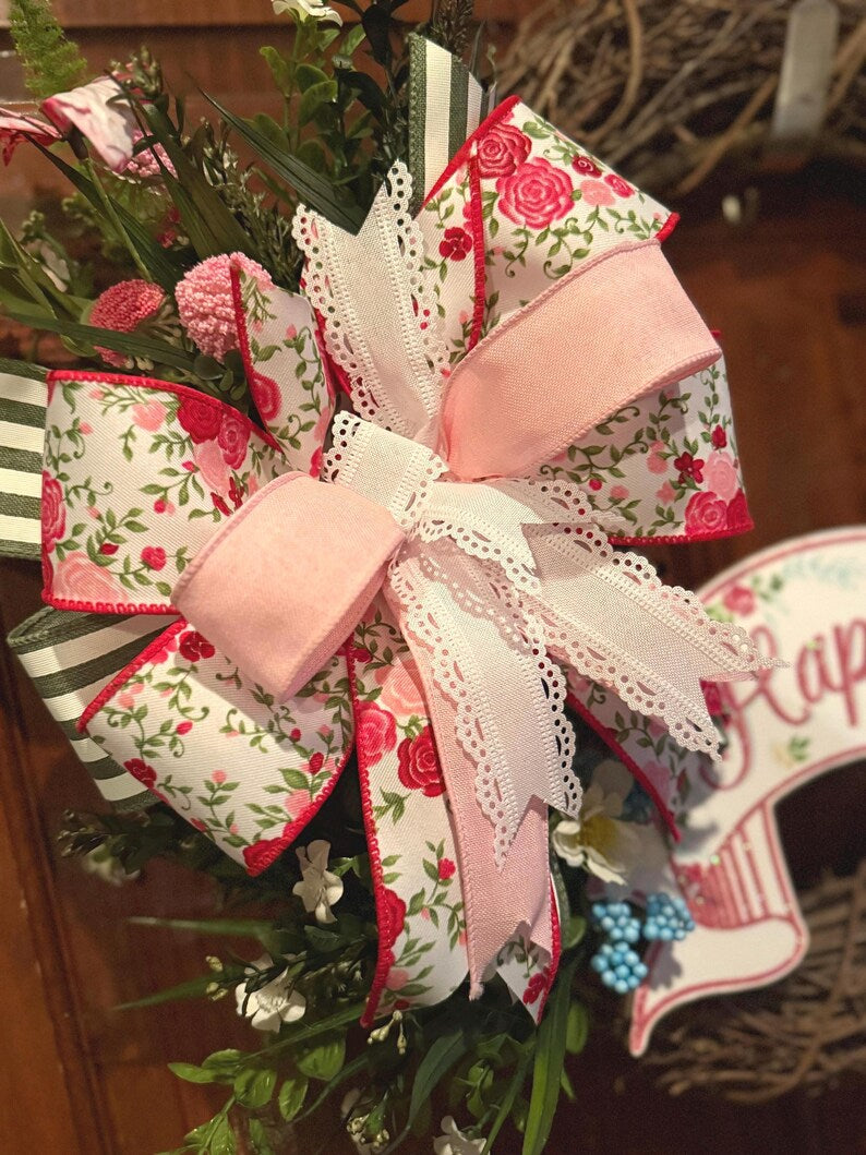 Easter Grapevine Wreath for Front Door – Pink Bow Spring Farmhouse Decor
