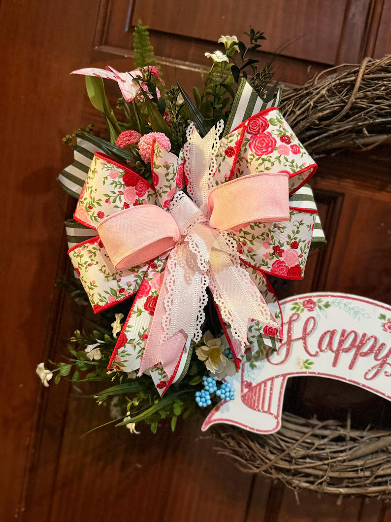 Easter Grapevine Wreath for Front Door – Pink Bow Spring Farmhouse Decor
