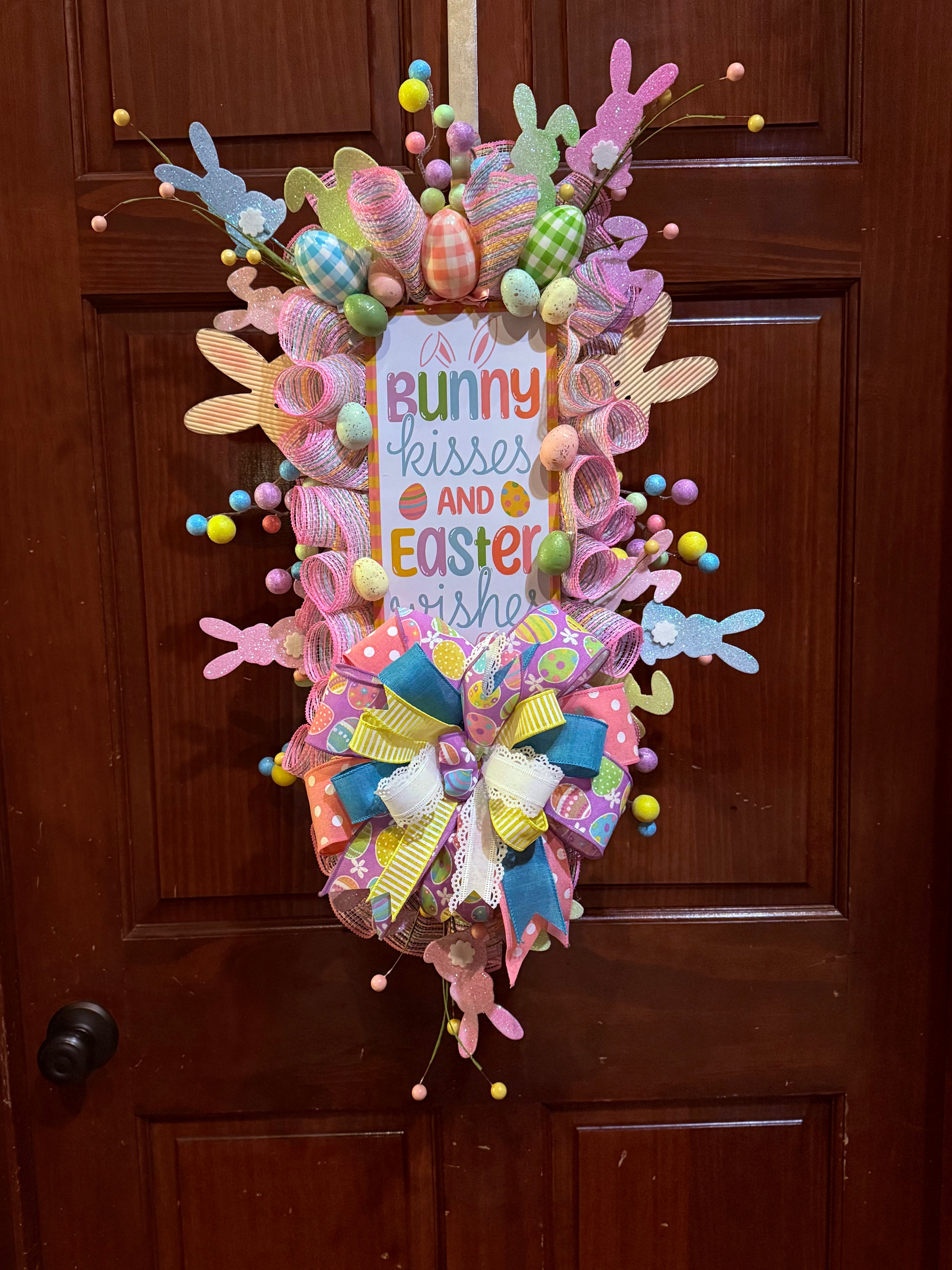 Luxury Easter Bunny Wreath – Pastel Spring Door Decor with Bunny Kisses Sign
