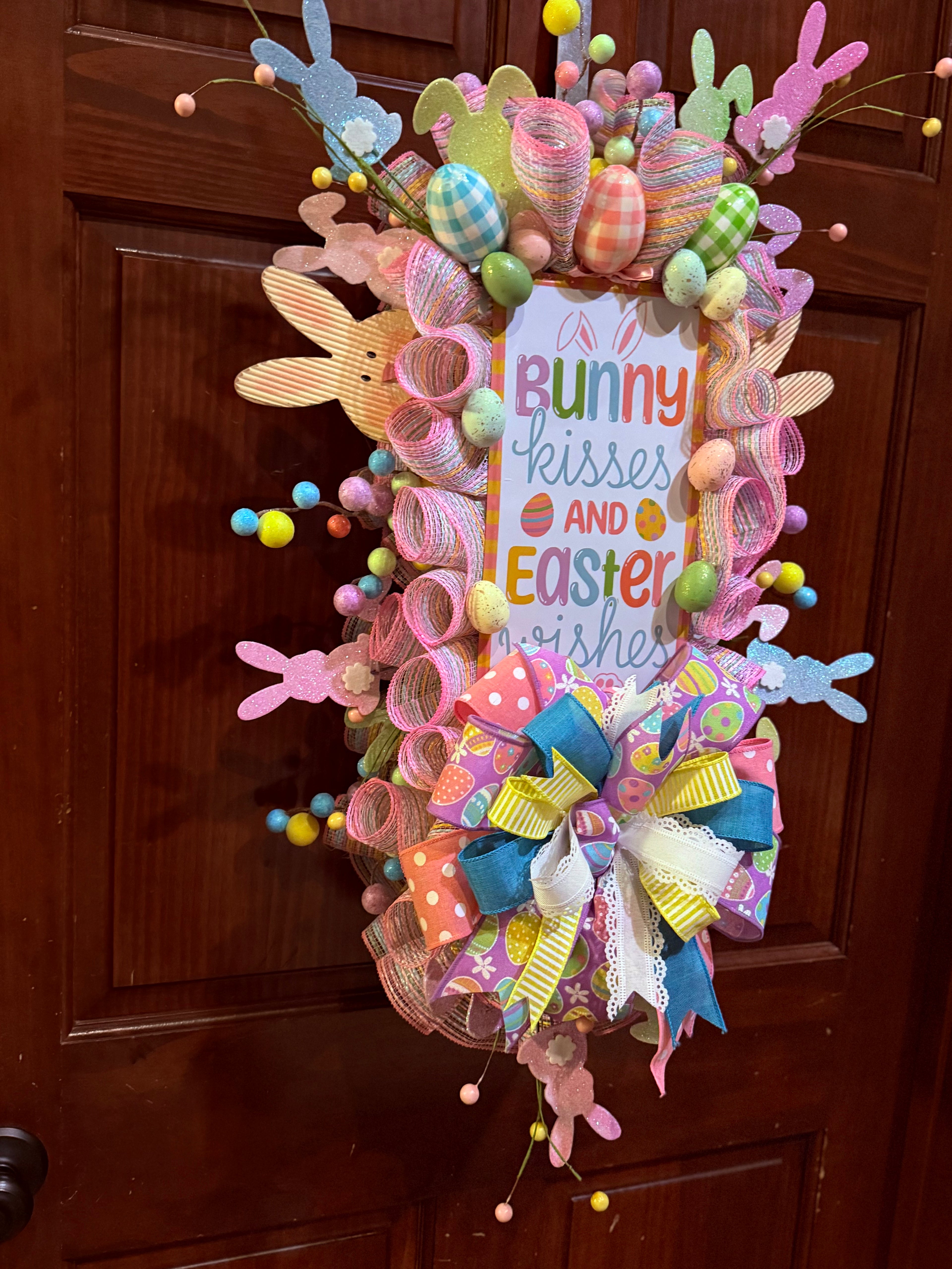 Luxury Easter Bunny Wreath – Pastel Spring Door Decor with Bunny Kisses Sign