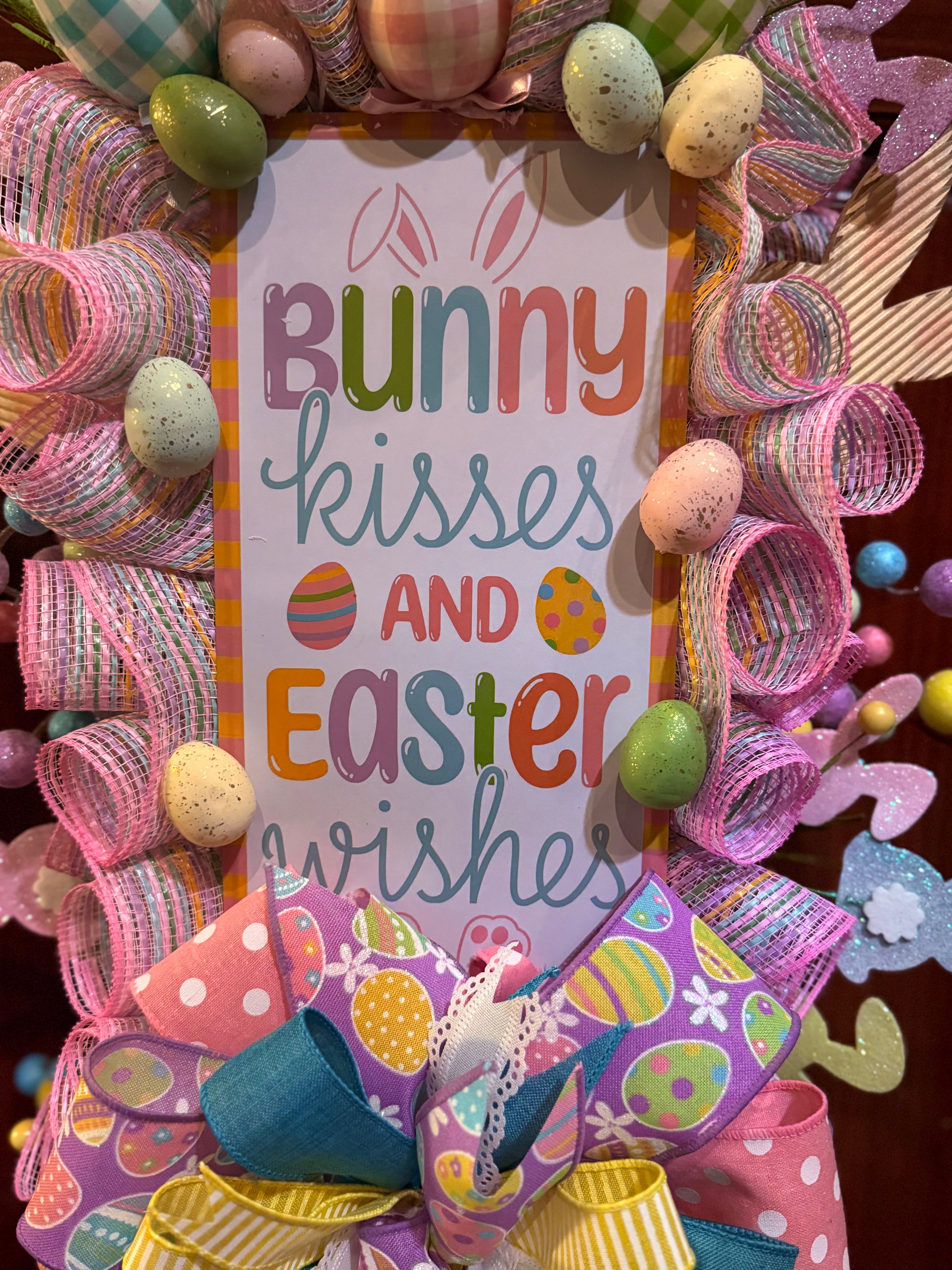 Luxury Easter Bunny Wreath – Pastel Spring Door Decor with Bunny Kisses Sign