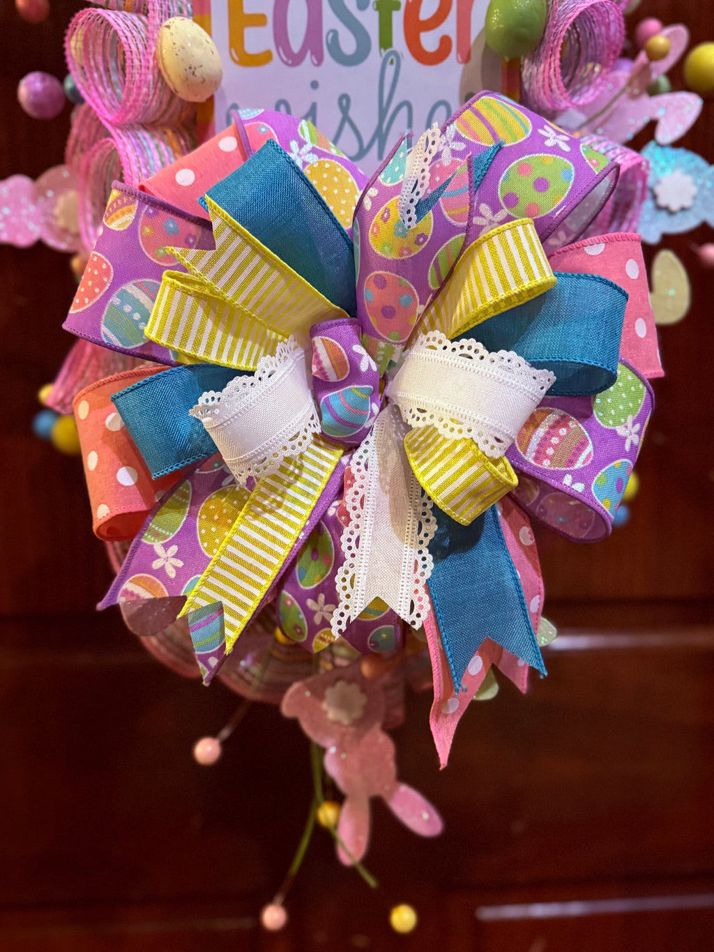 Luxury Easter Bunny Wreath – Pastel Spring Door Decor with Bunny Kisses Sign