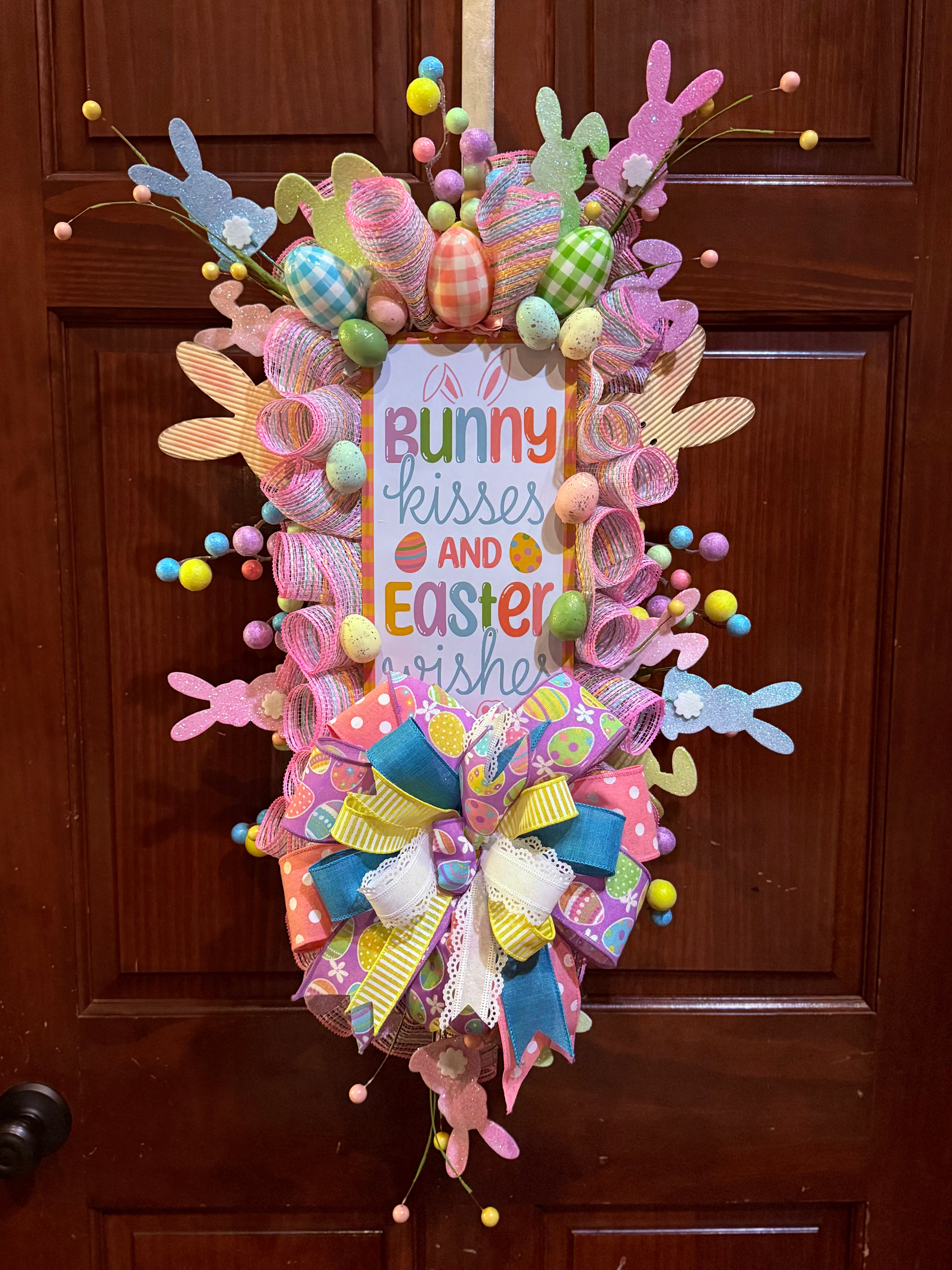 Luxury Easter Bunny Wreath – Pastel Spring Door Decor with Bunny Kisses Sign
