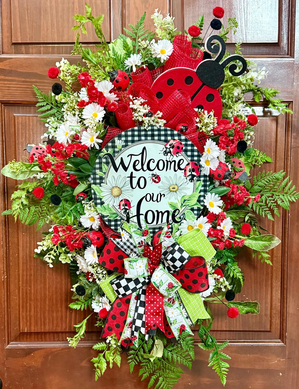 Ladybug Summer Wreath for Front Door | Large Red & Black Welcome Wreath with Daisies | Handmade Farmhouse Door Decor