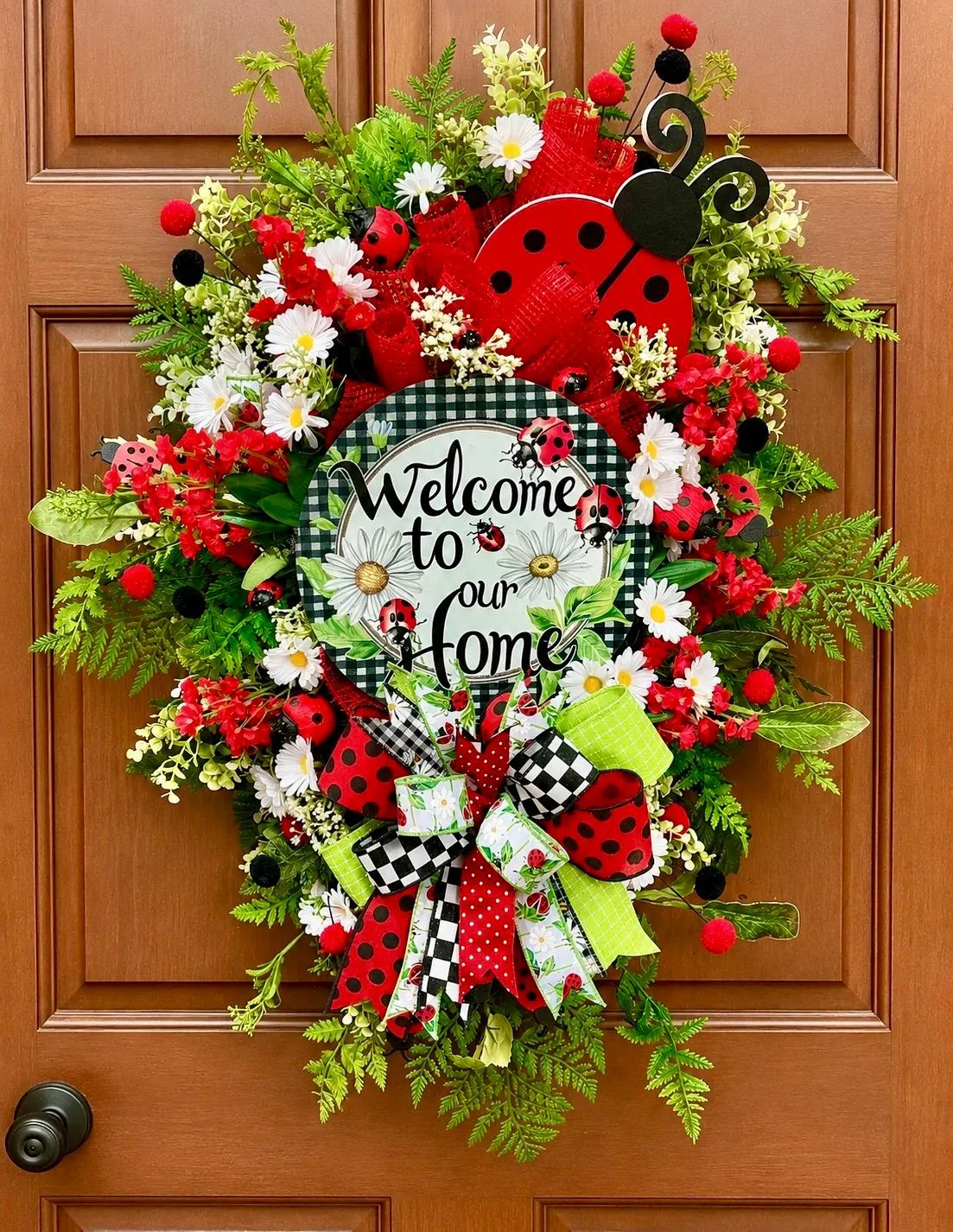 Ladybug Summer Wreath for Front Door | Large Red & Black Welcome Wreath with Daisies | Handmade Farmhouse Door Decor